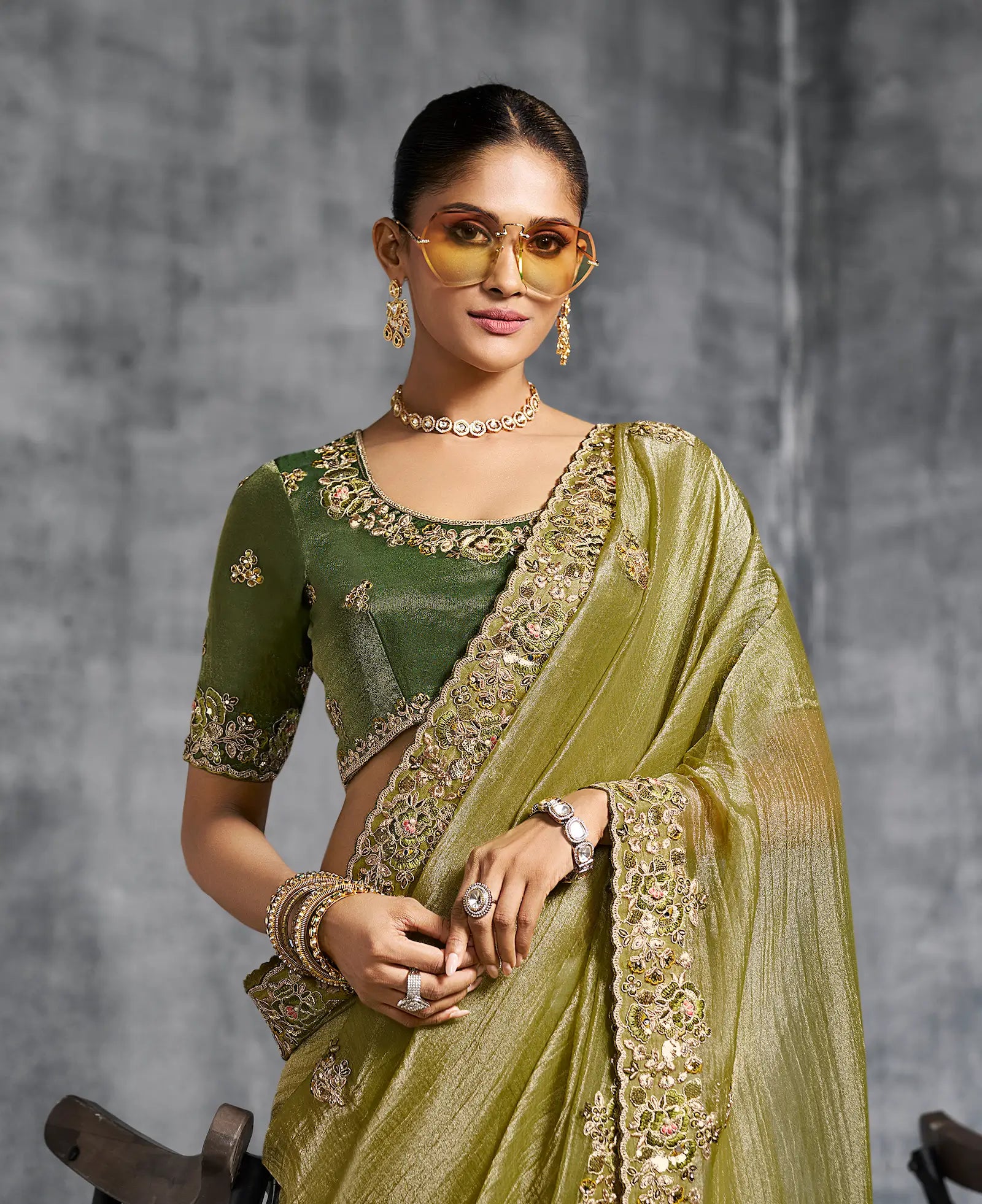 Olive Green Zari Tissue Hand Work & Embroidery Saree - qivii