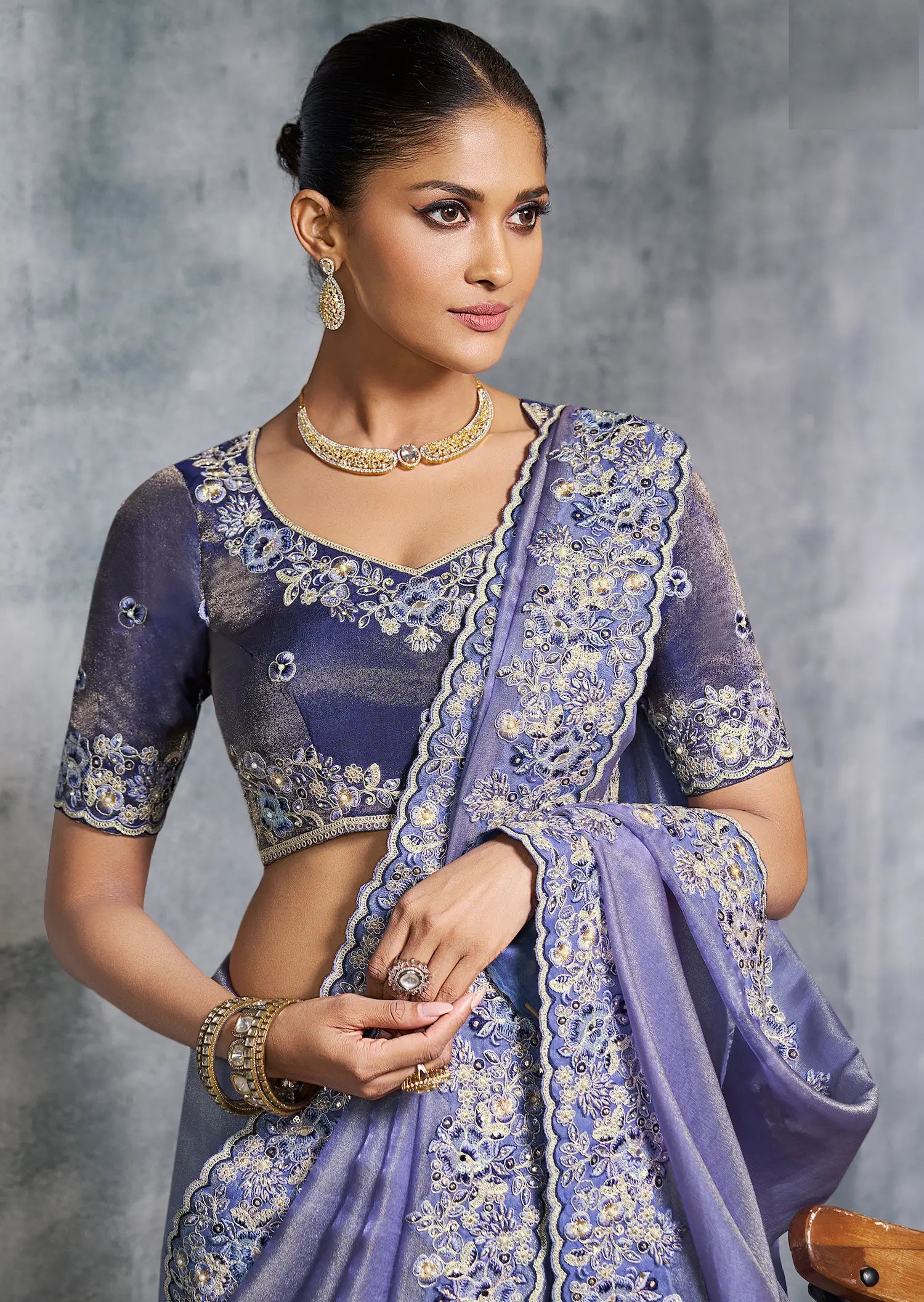 Lavender Zari Tissue Hand Work & Embroidery Saree - qivii