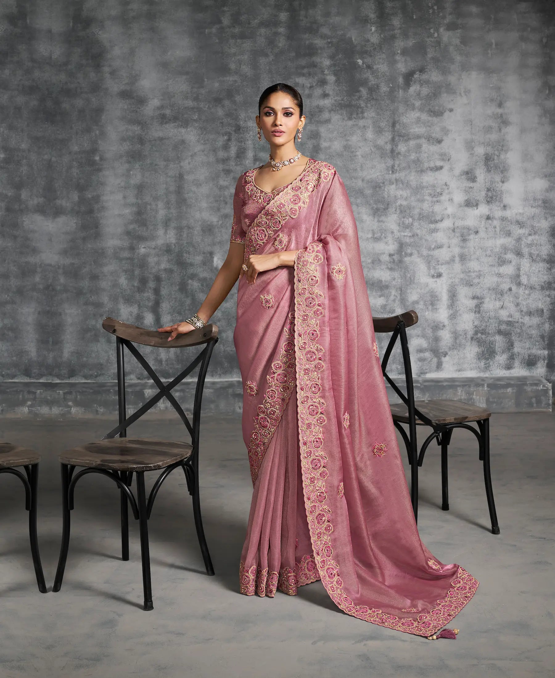 Rosy Pink Zari Tissue Hand Work & Embroidery Saree - qivii
