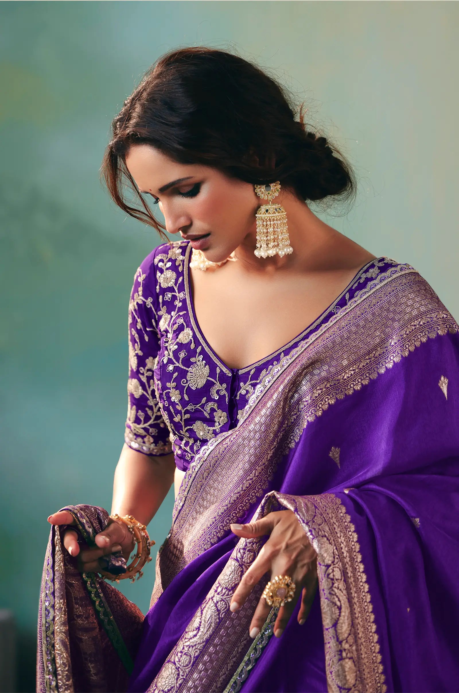 Dark Purple Dola Silk Saree With Embroidery Work Blouse - qivii