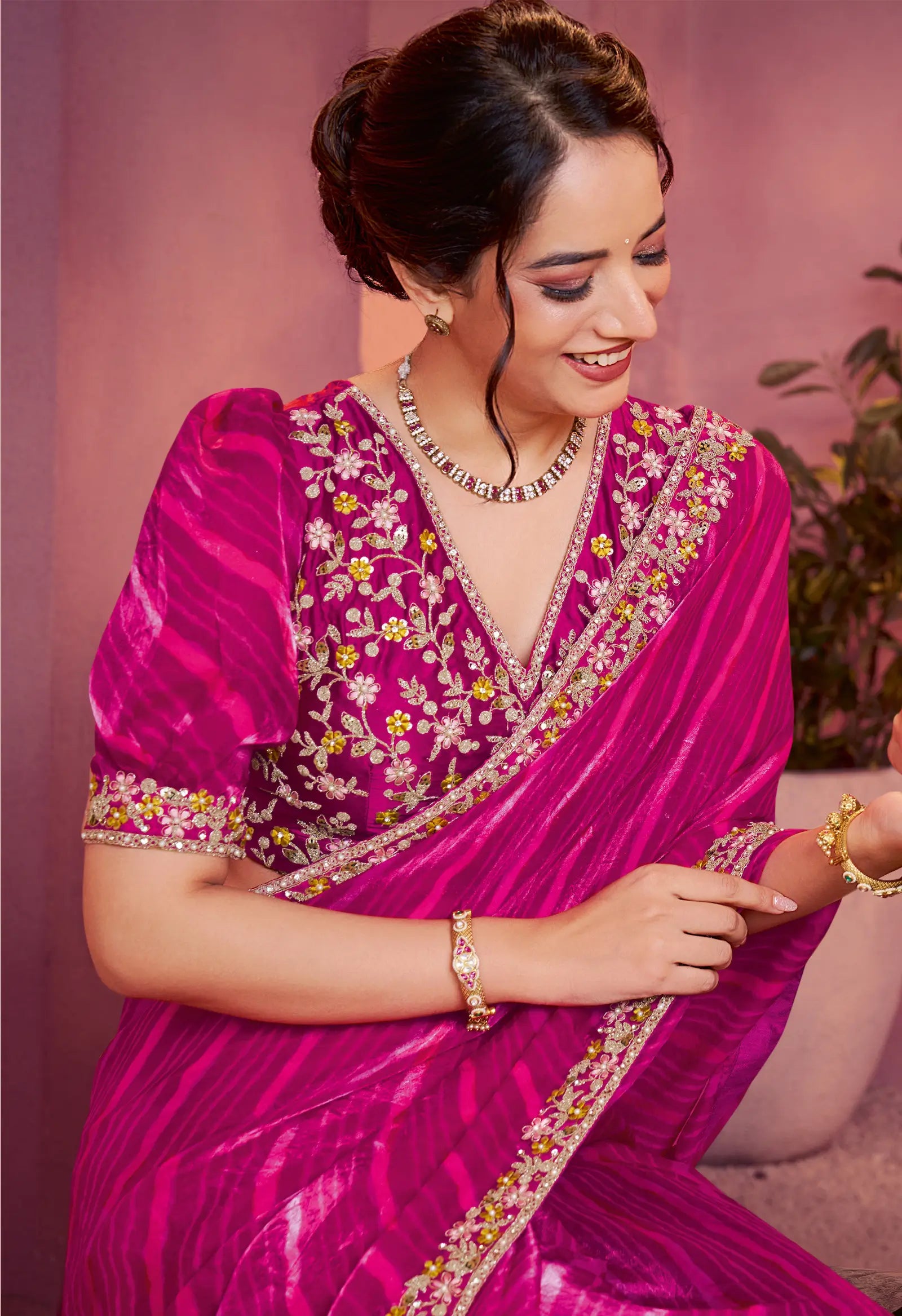 Hot Pink Satin Silk Saree With Hand Work & Embroidery - qivii