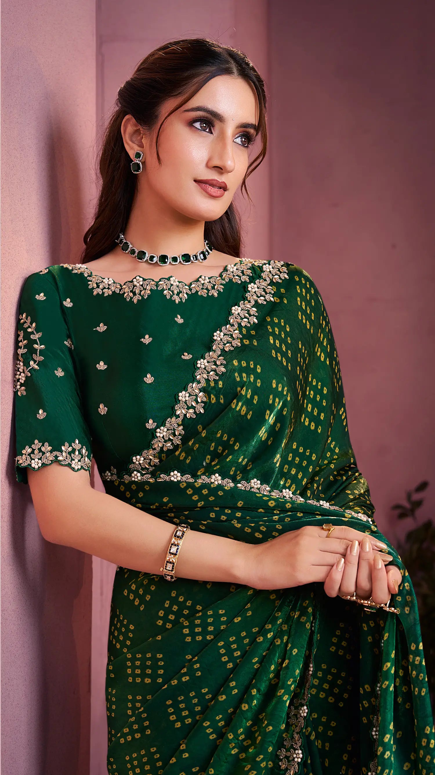 Dark Green Satin Silk Saree With Hand Work & Embroidery - qivii