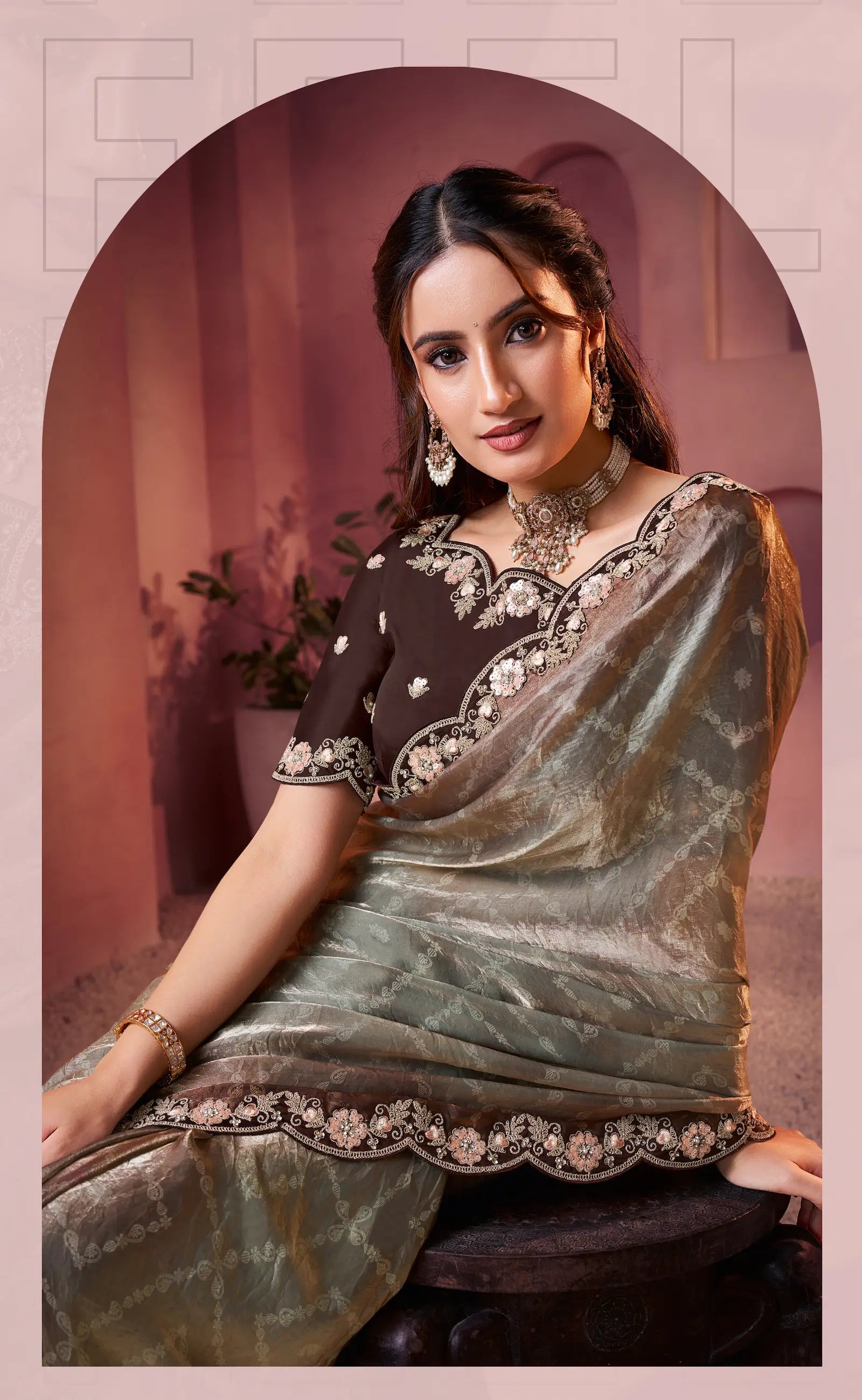 Dusty Grey Satin Silk Saree With Hand Work & Embroidery - qivii