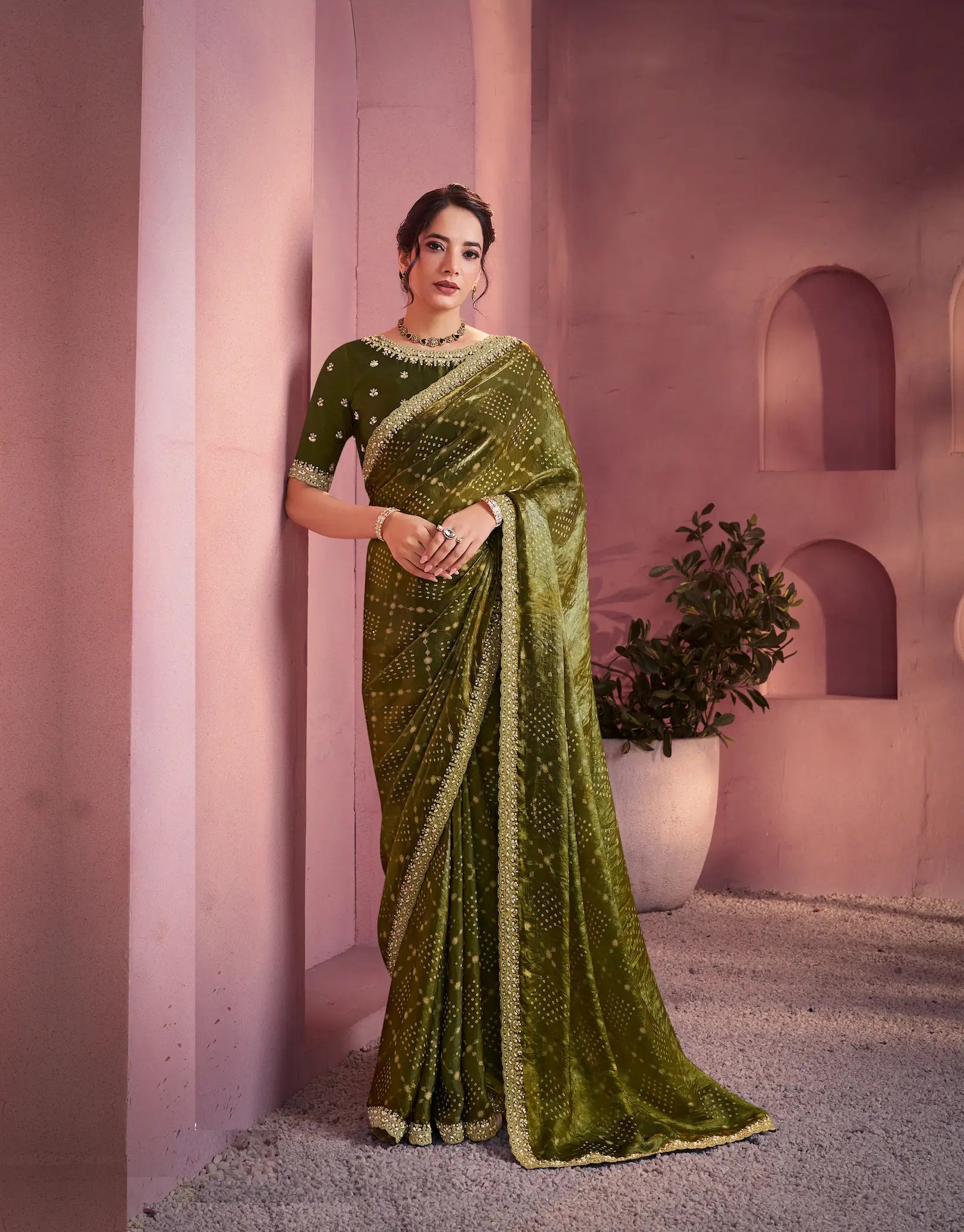 Shaded Olive Satin Silk Saree With Hand Work & Embroidery - qivii