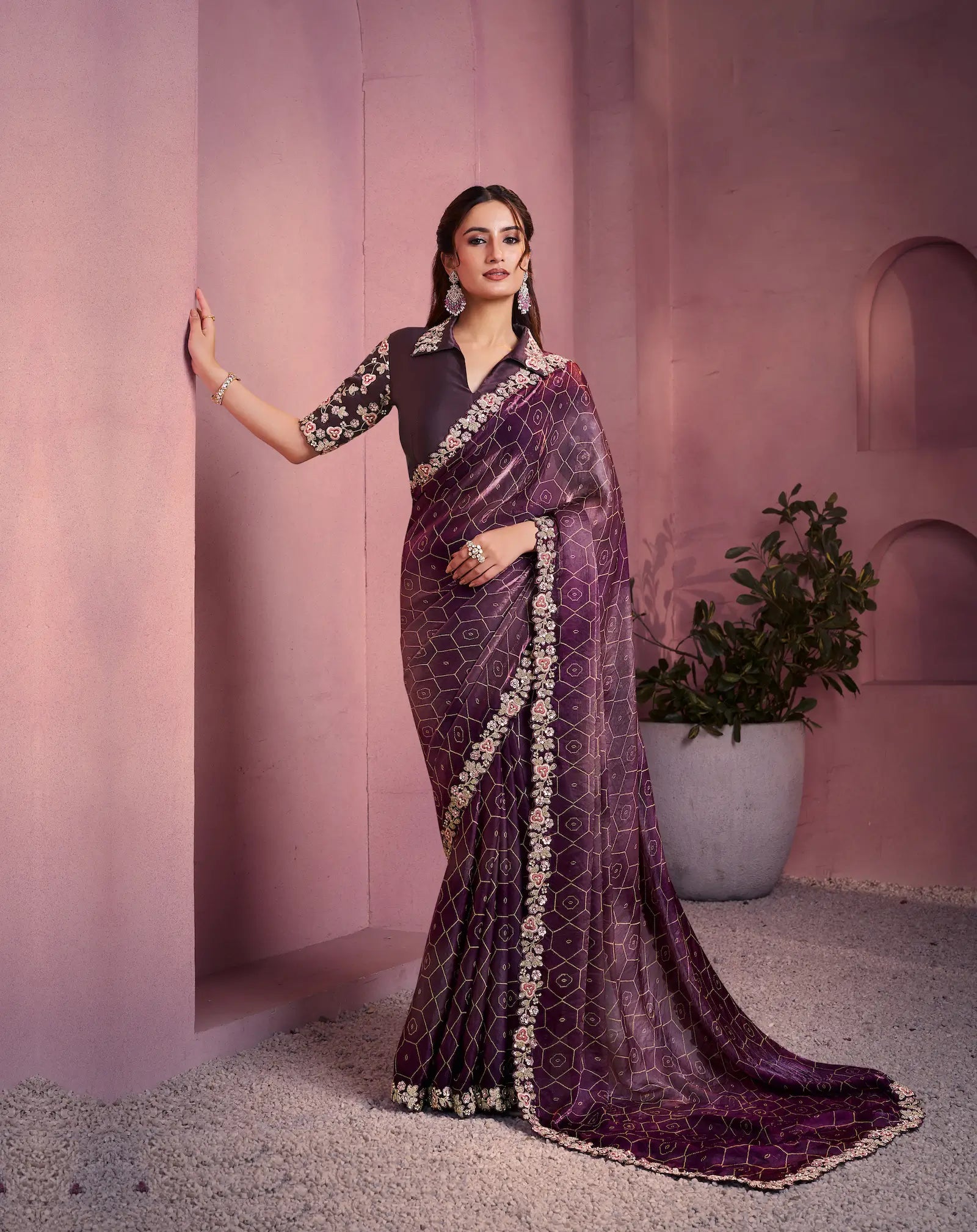 Mulberry Satin Silk Saree With Hand Work & Embroidery - qivii