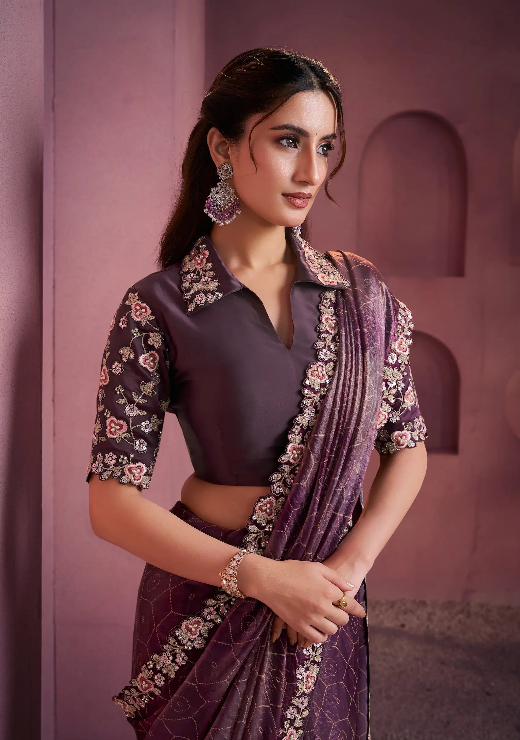 Mulberry Satin Silk Saree With Hand Work & Embroidery - qivii
