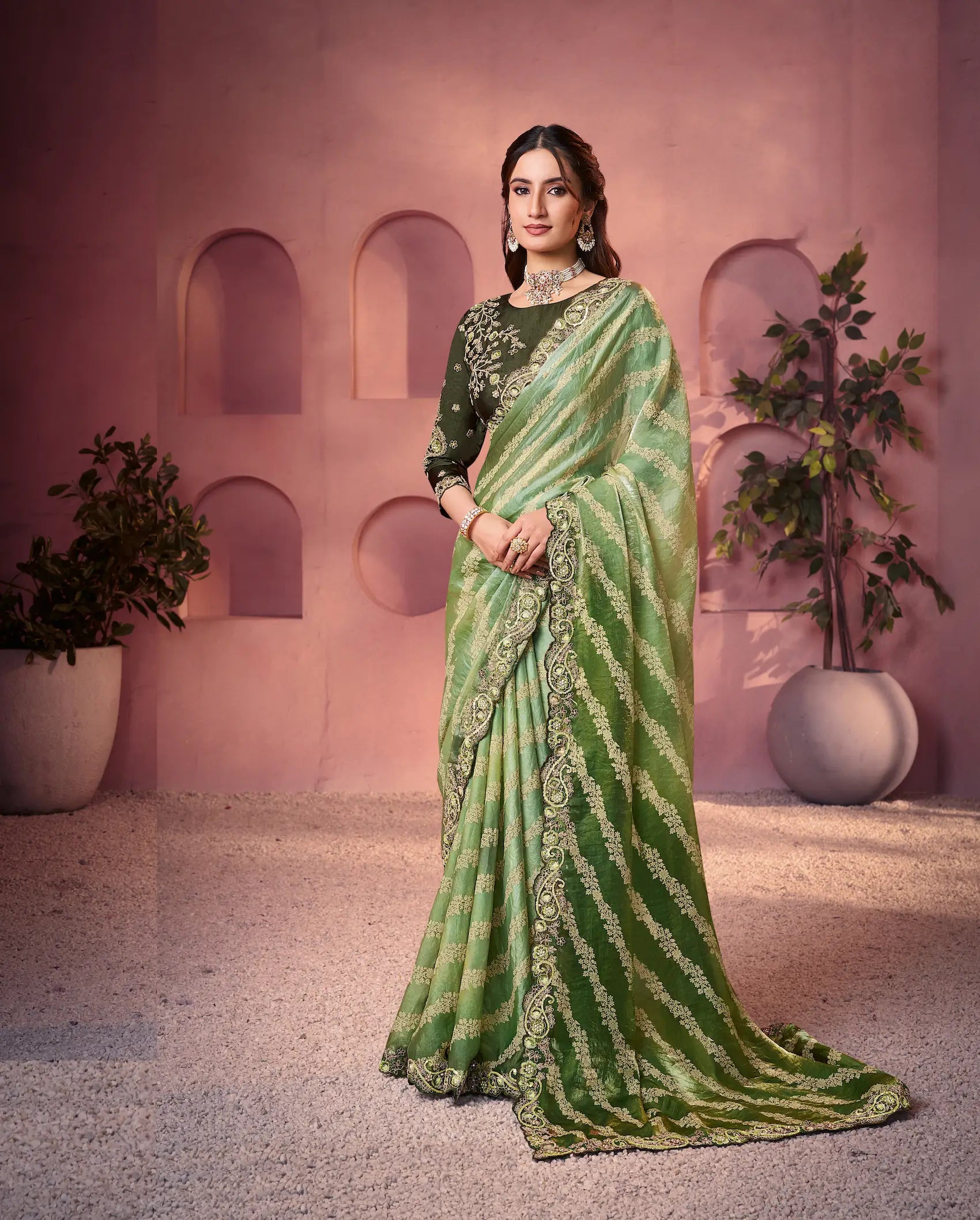 Shaded Green Satin Silk Saree With Hand Work & Embroidery - qivii