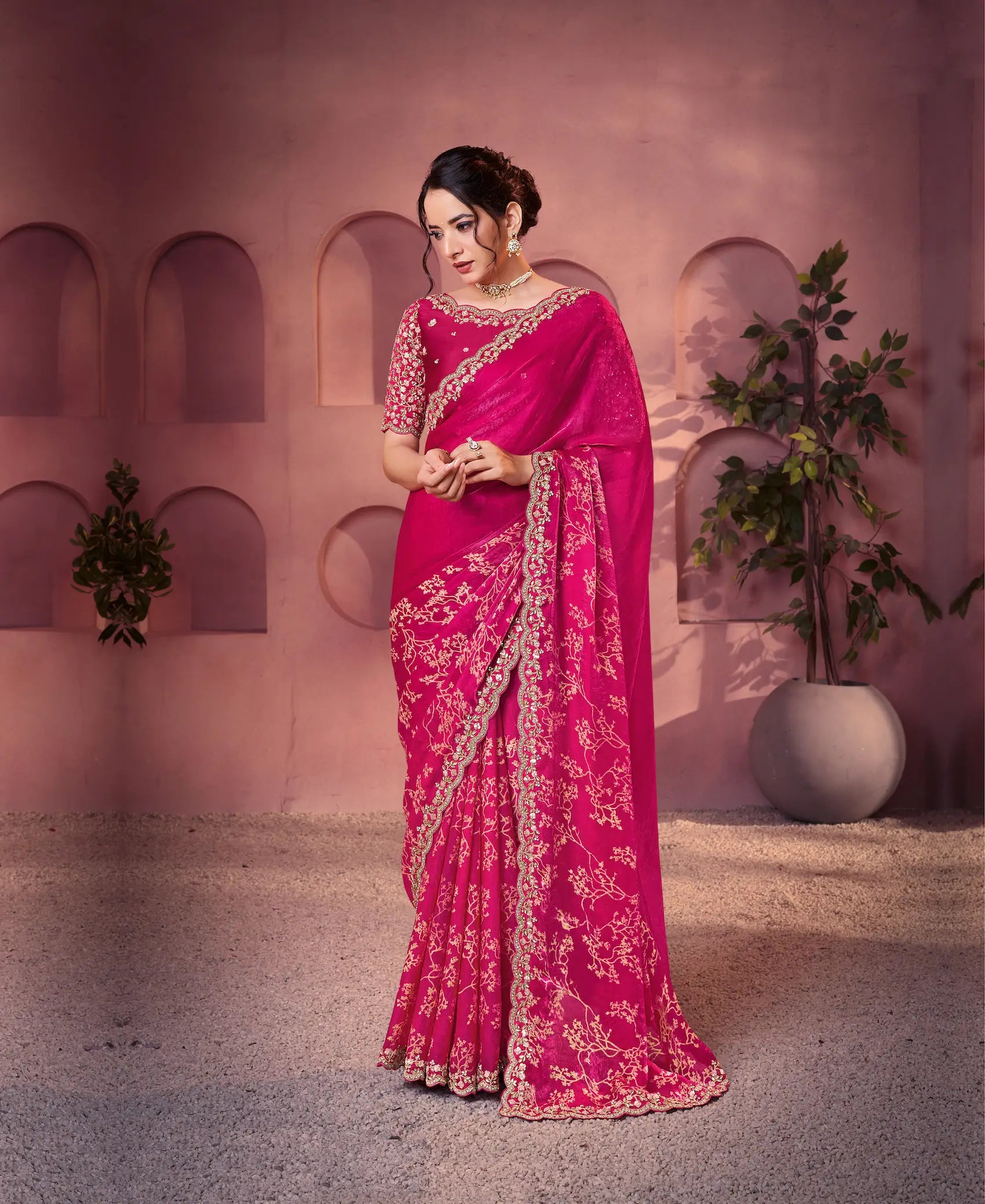 Raspberry Satin Silk Saree With Hand Work & Embroidery - qivii