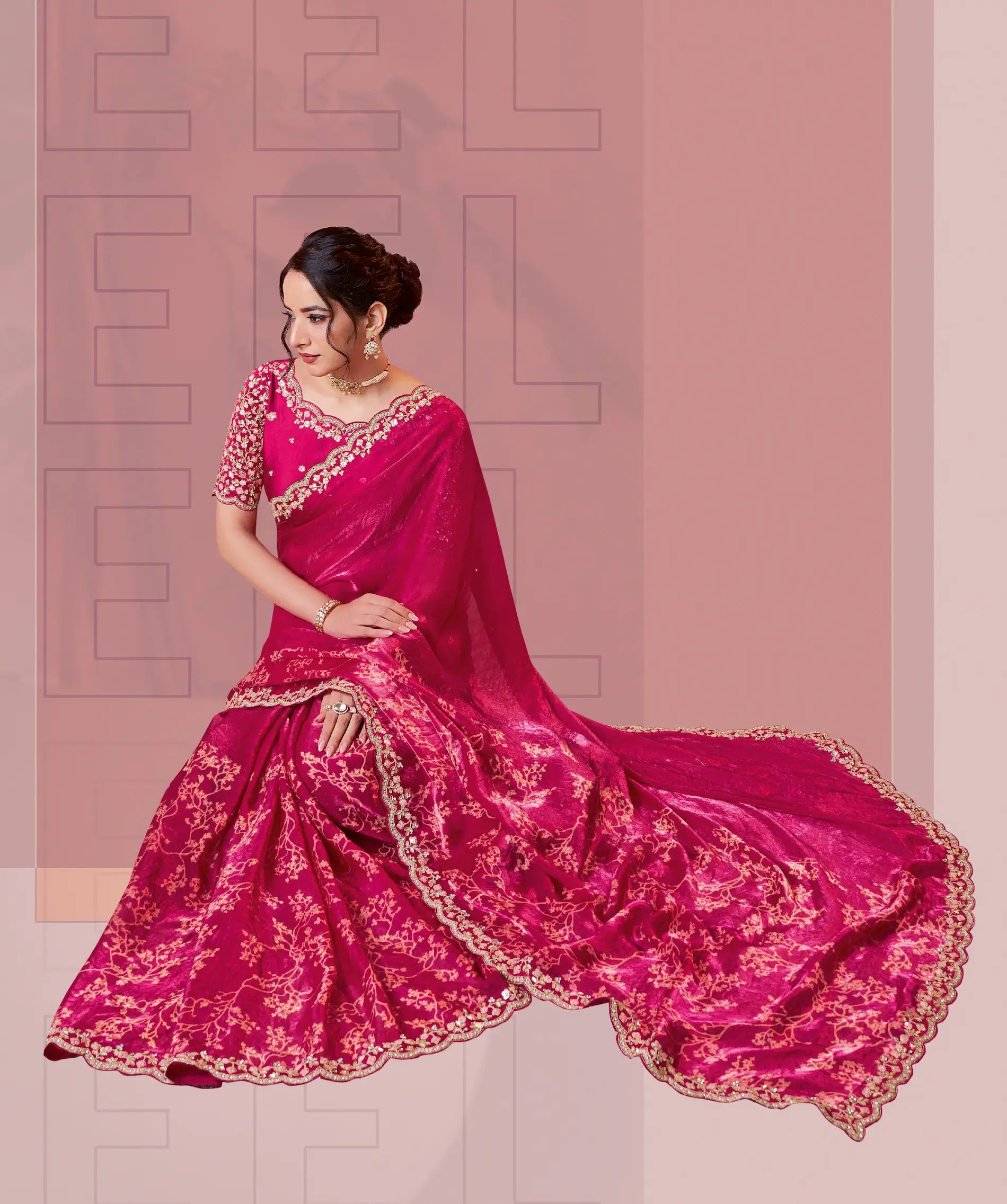 Raspberry Satin Silk Saree With Hand Work & Embroidery - qivii