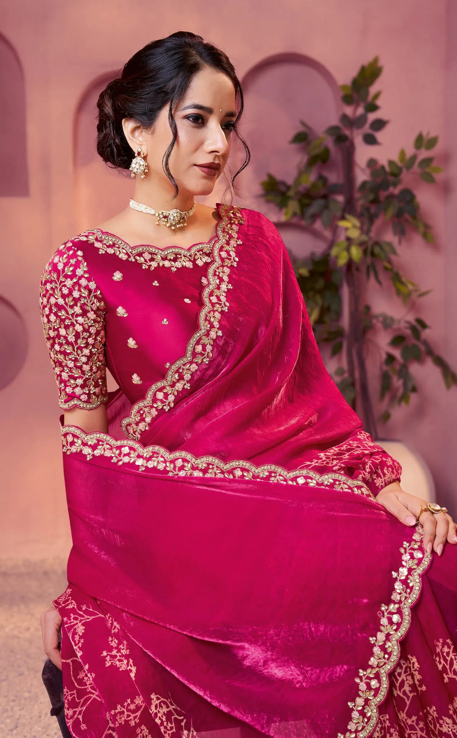 Raspberry Satin Silk Saree With Hand Work & Embroidery - qivii