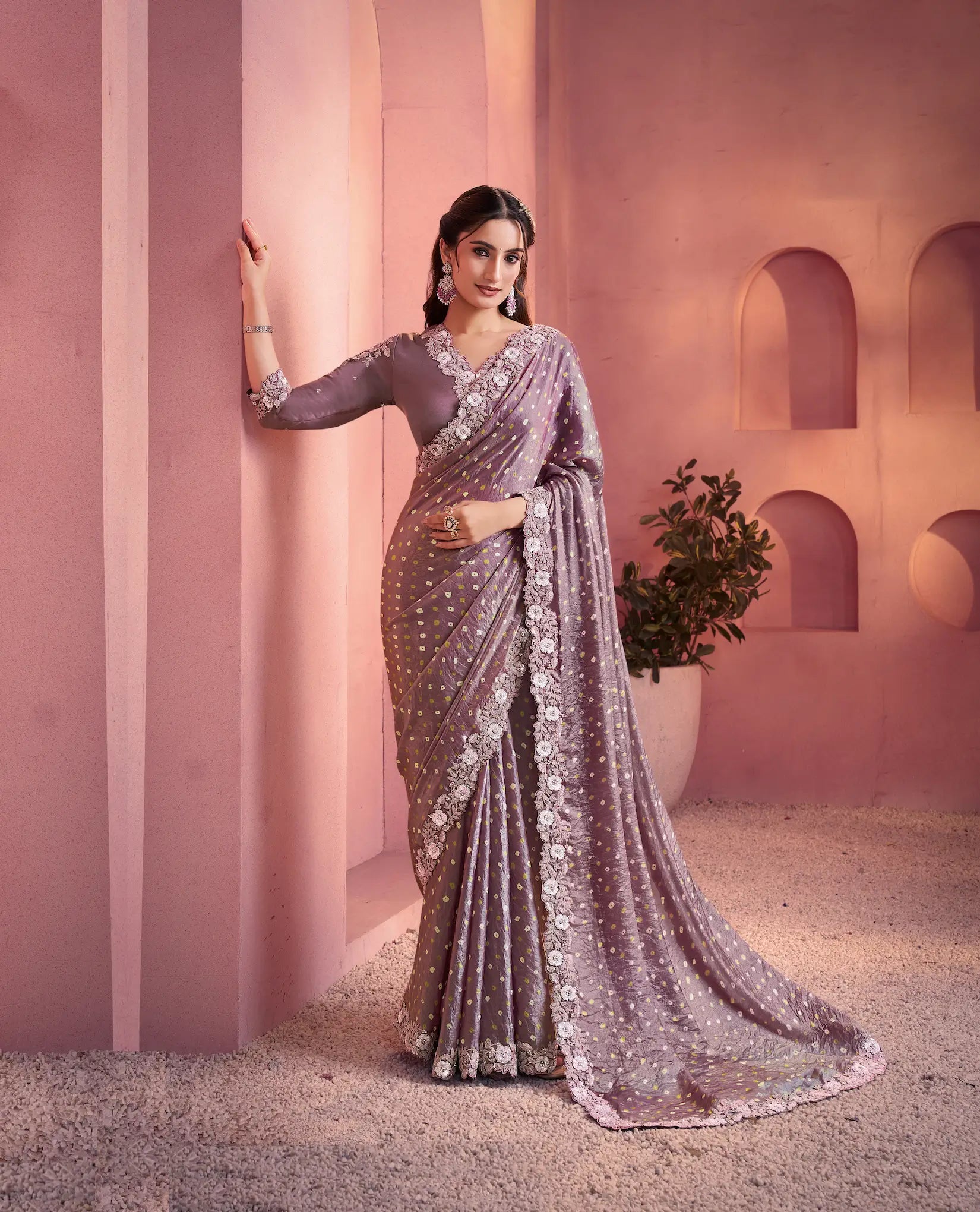 Dark Mauve Satin Silk Saree With Hand Work & Embroidery - qivii