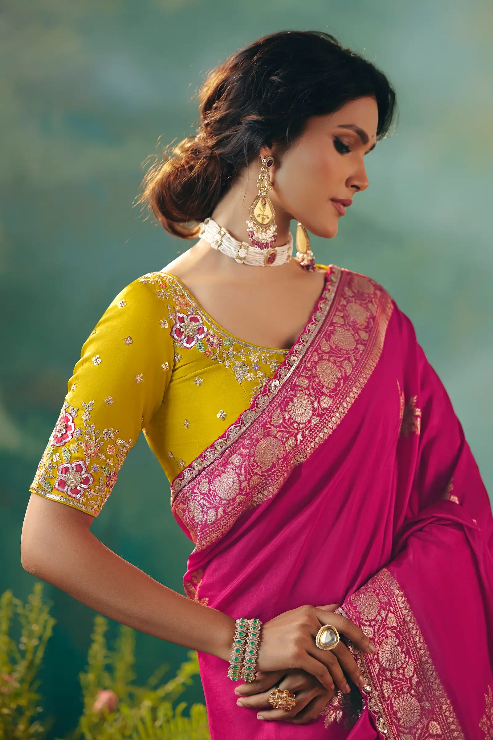 Hot Pink Dola Silk Saree With Embroidery Work Blouse - qivii