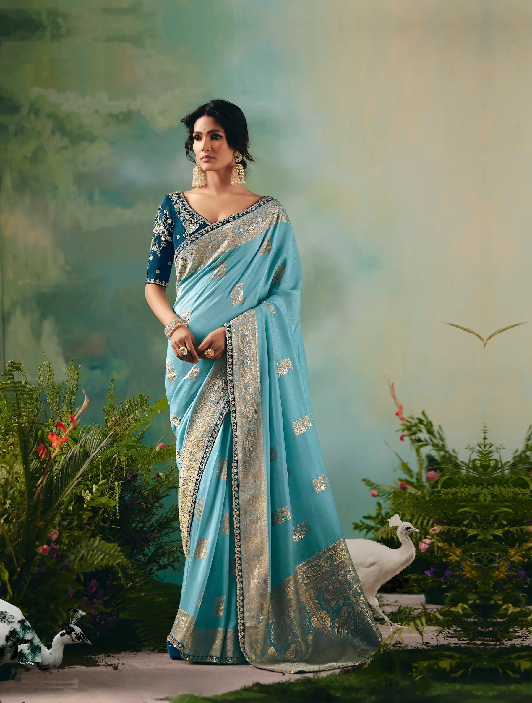 Sky Blue Dola Silk Saree With Embroidery Work Blouse - qivii