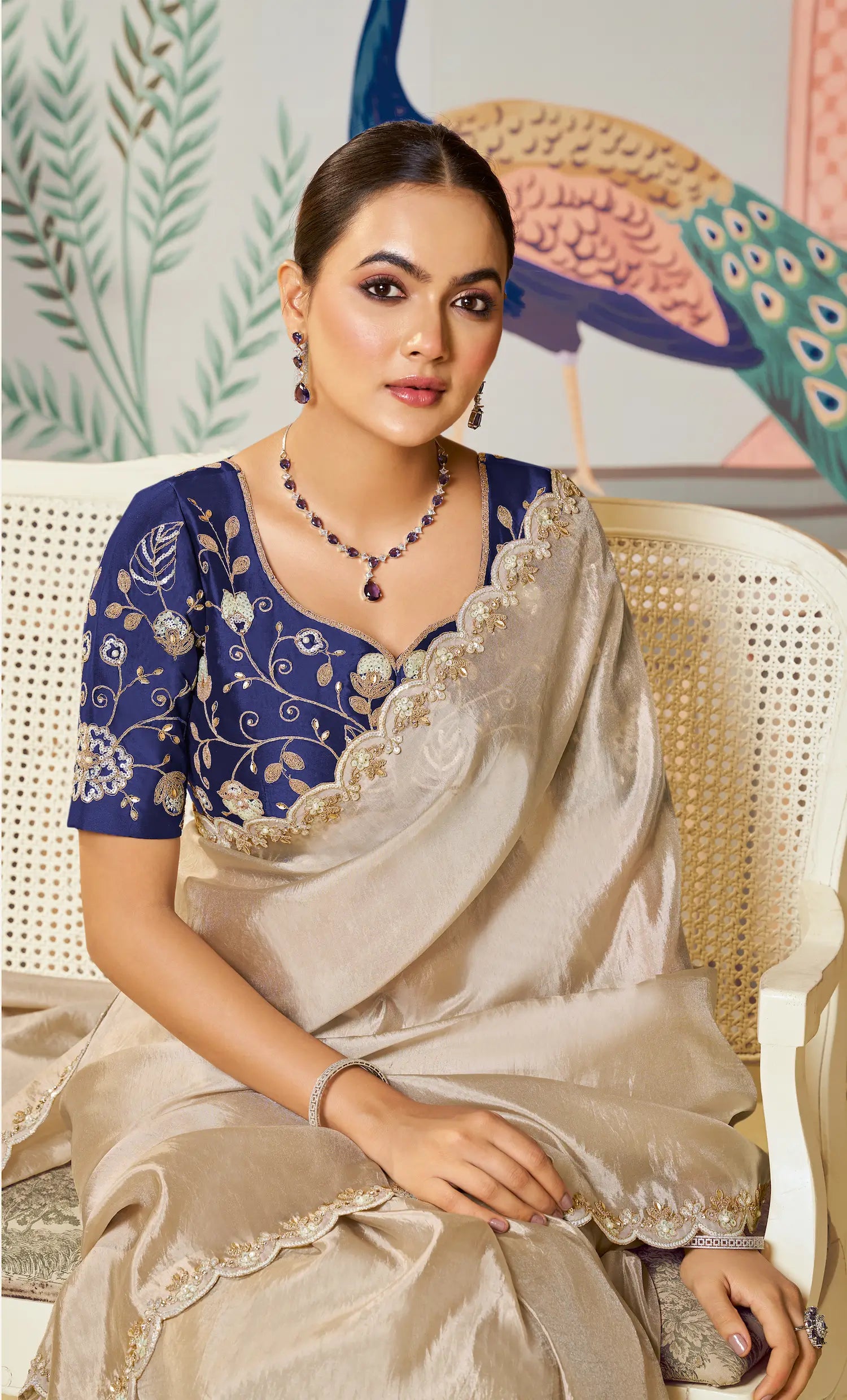 Shiney Beige Tussar Silk Embroidery Party Wear Saree - qivii