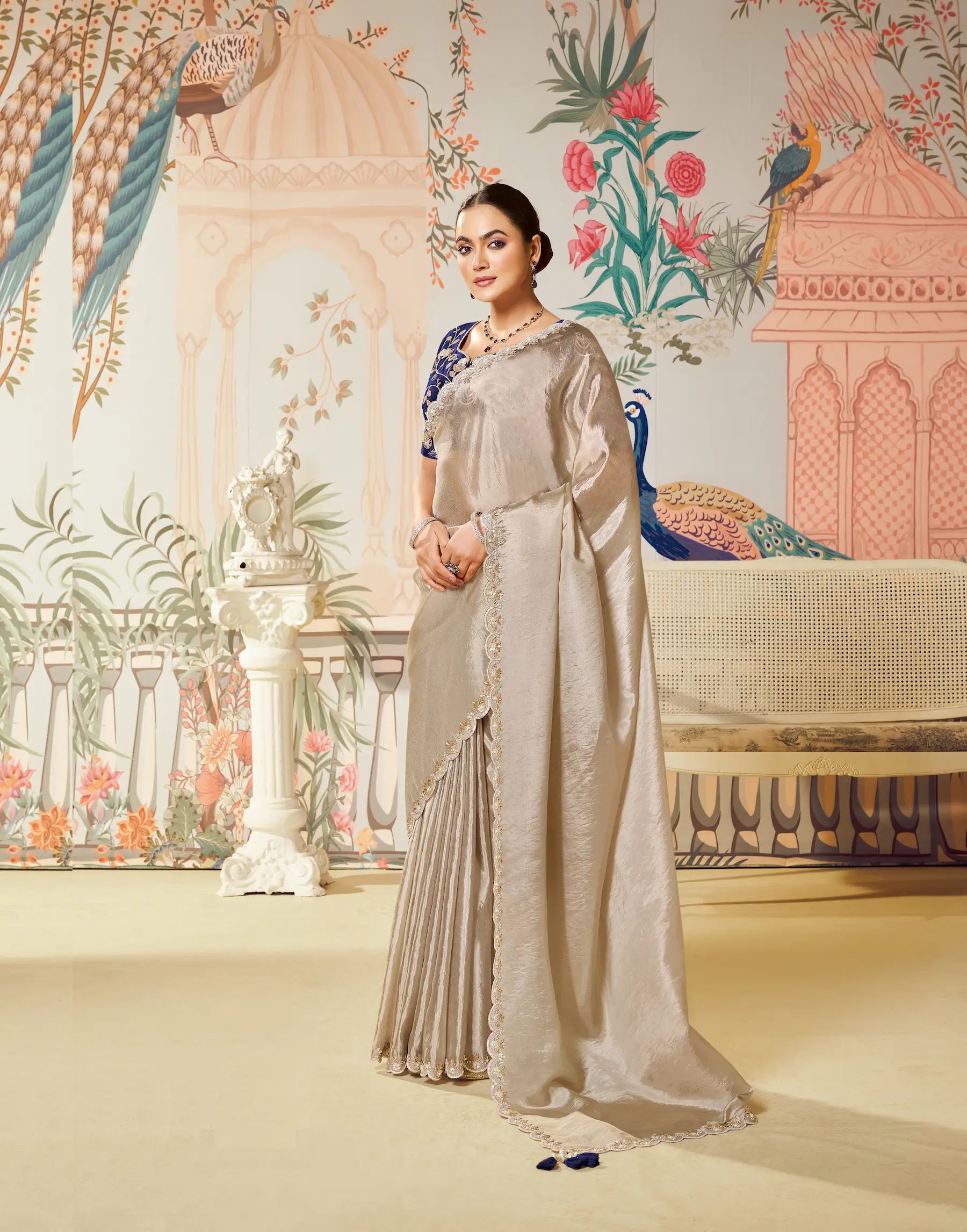 Shiney Beige Tussar Silk Embroidery Party Wear Saree - qivii
