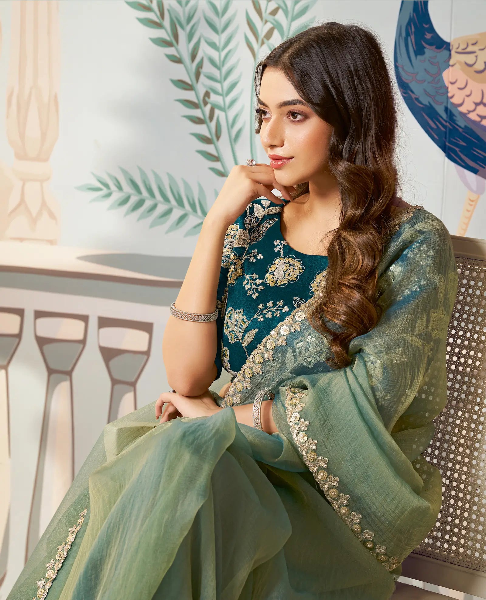 Sage Green Zari Organza Embroidery Party Wear Saree - qivii