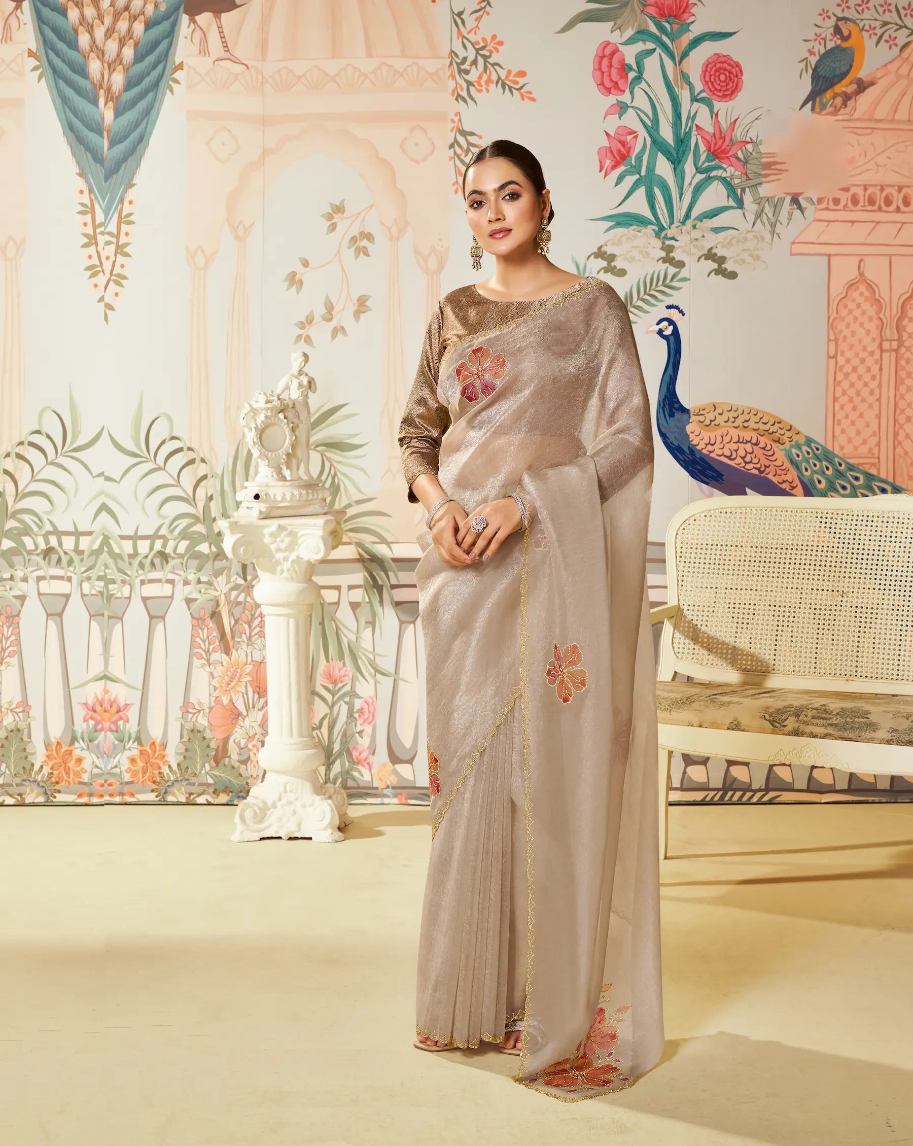 Sand Beige Satin Organza Embroidery Party Wear Saree - qivii