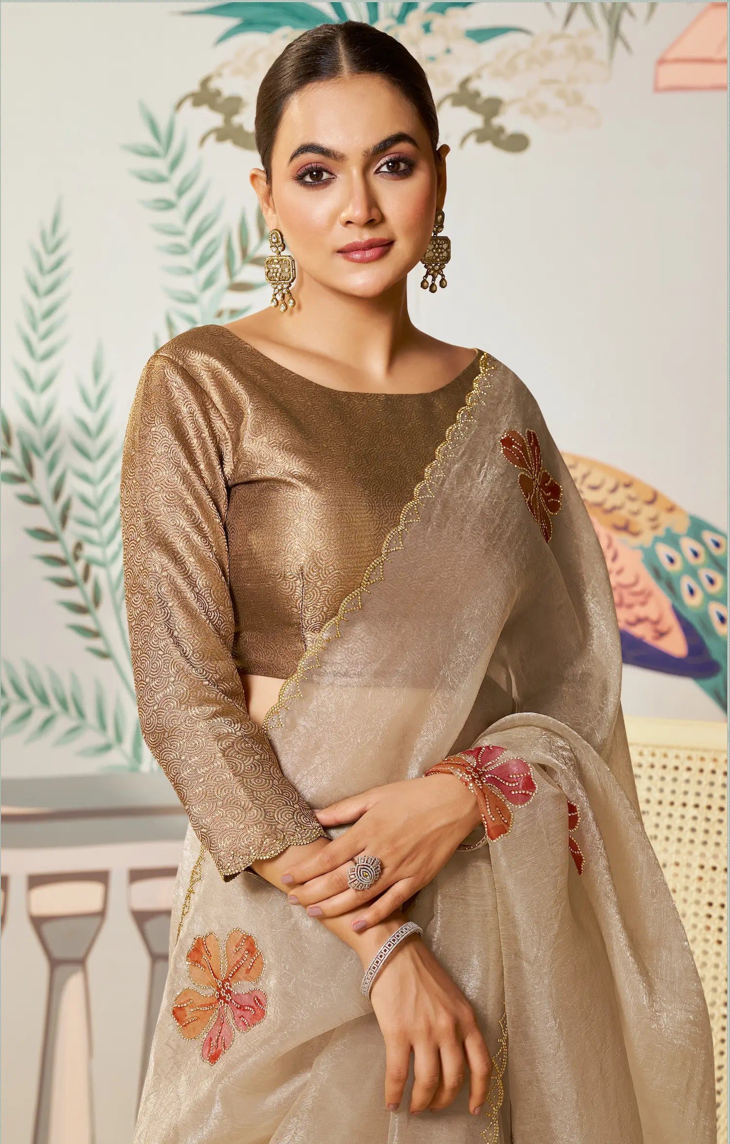 Sand Beige Satin Organza Embroidery Party Wear Saree - qivii