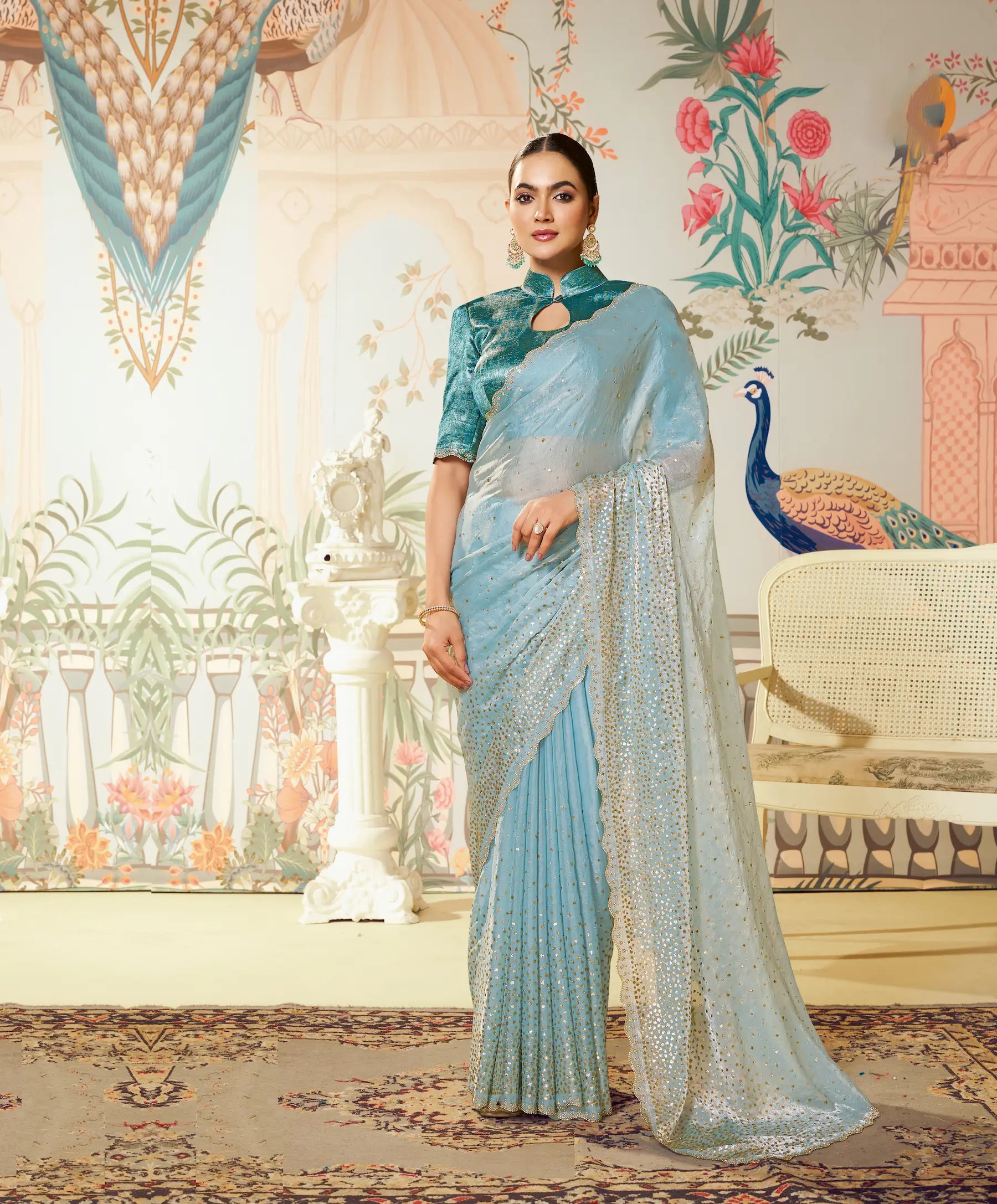 Sky Blue Satin Silk Embroidery Party Wear Saree - qivii