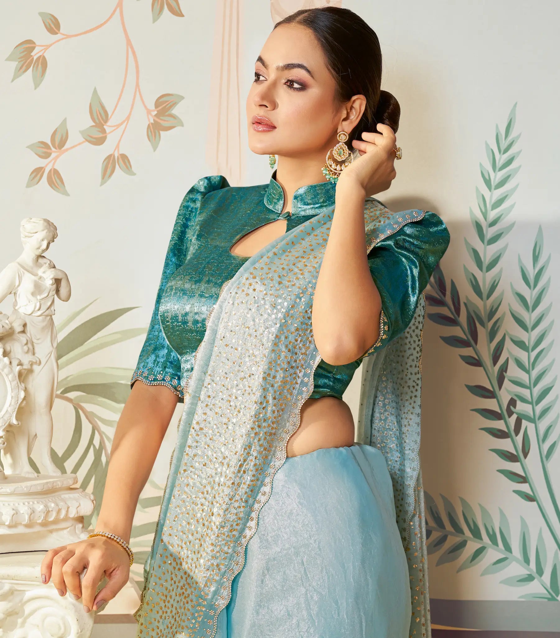 Sky Blue Satin Silk Embroidery Party Wear Saree - qivii