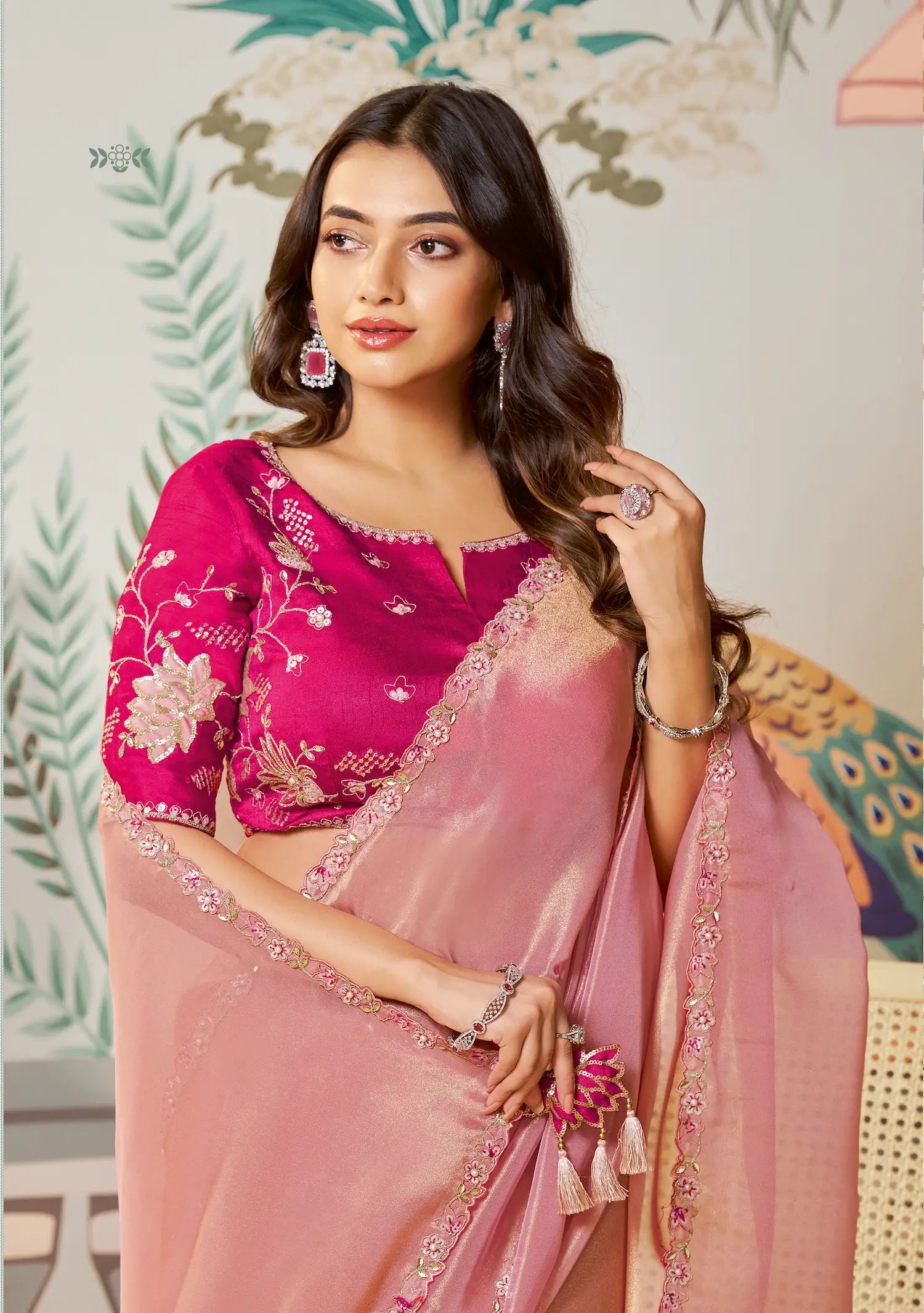 Dusty Pink Zari Organza Embroidery Party Wear Saree - qivii