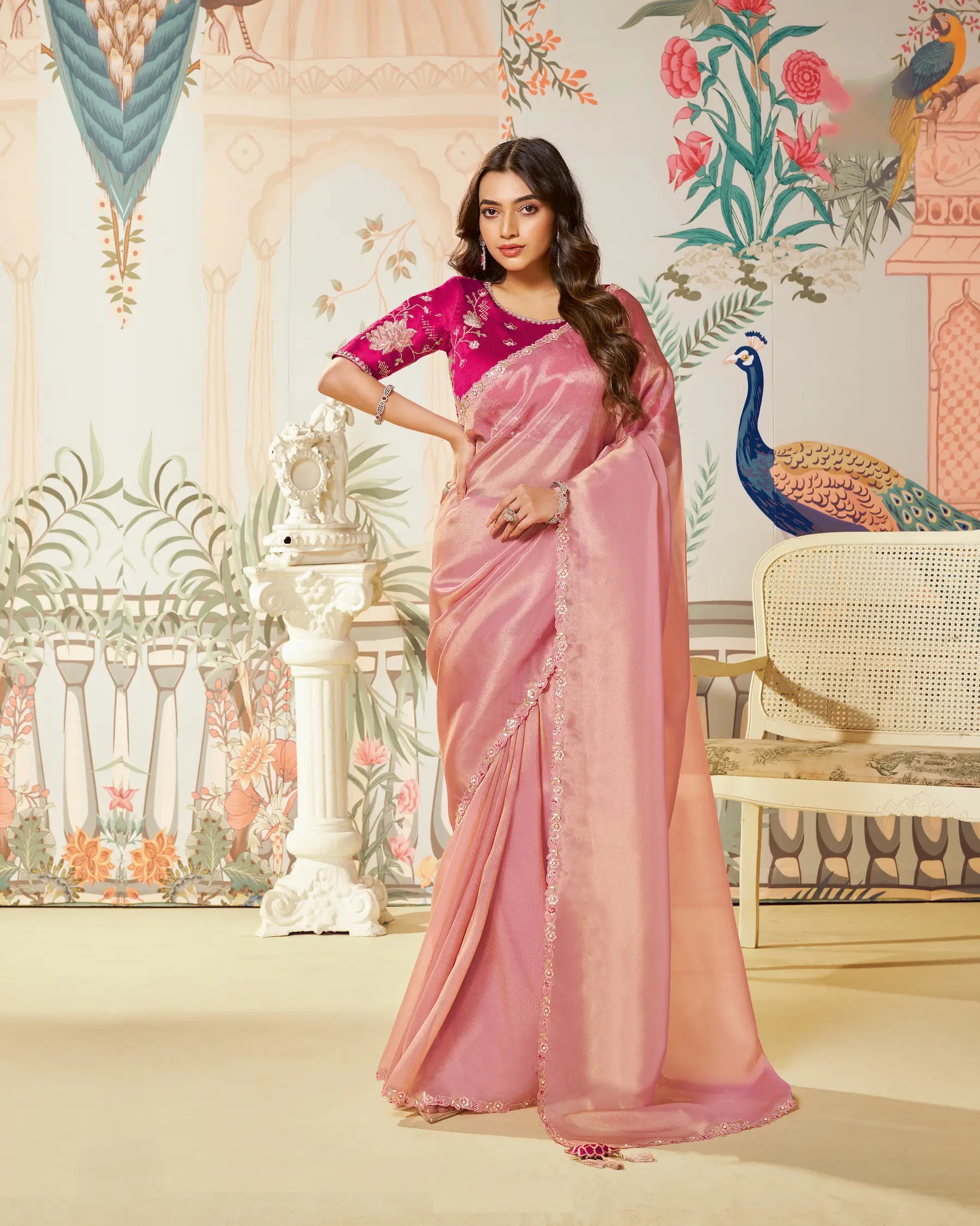 Dusty Pink Zari Organza Embroidery Party Wear Saree - qivii