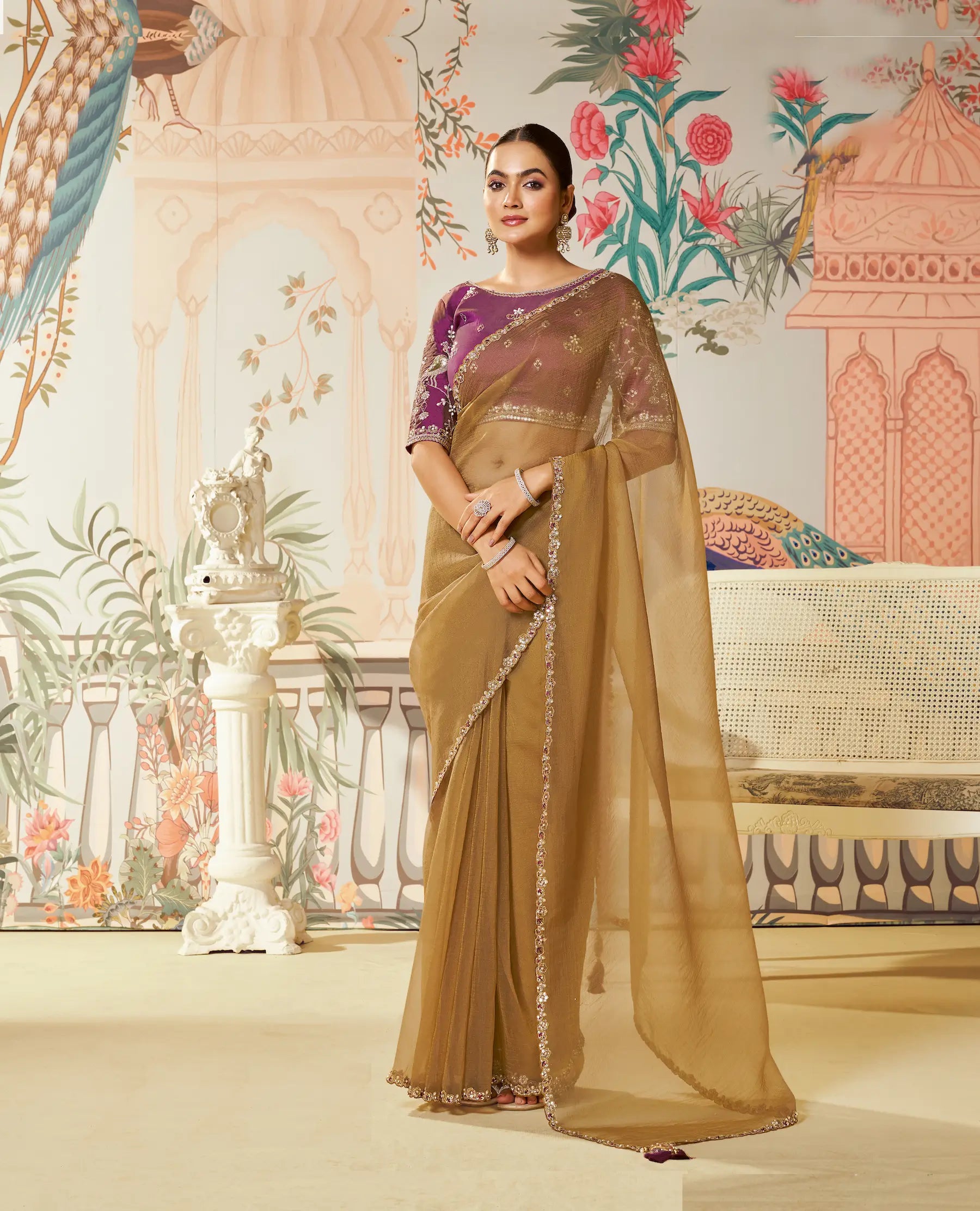 Golden Brown Satin Organza Embroidery Party Wear Saree - qivii