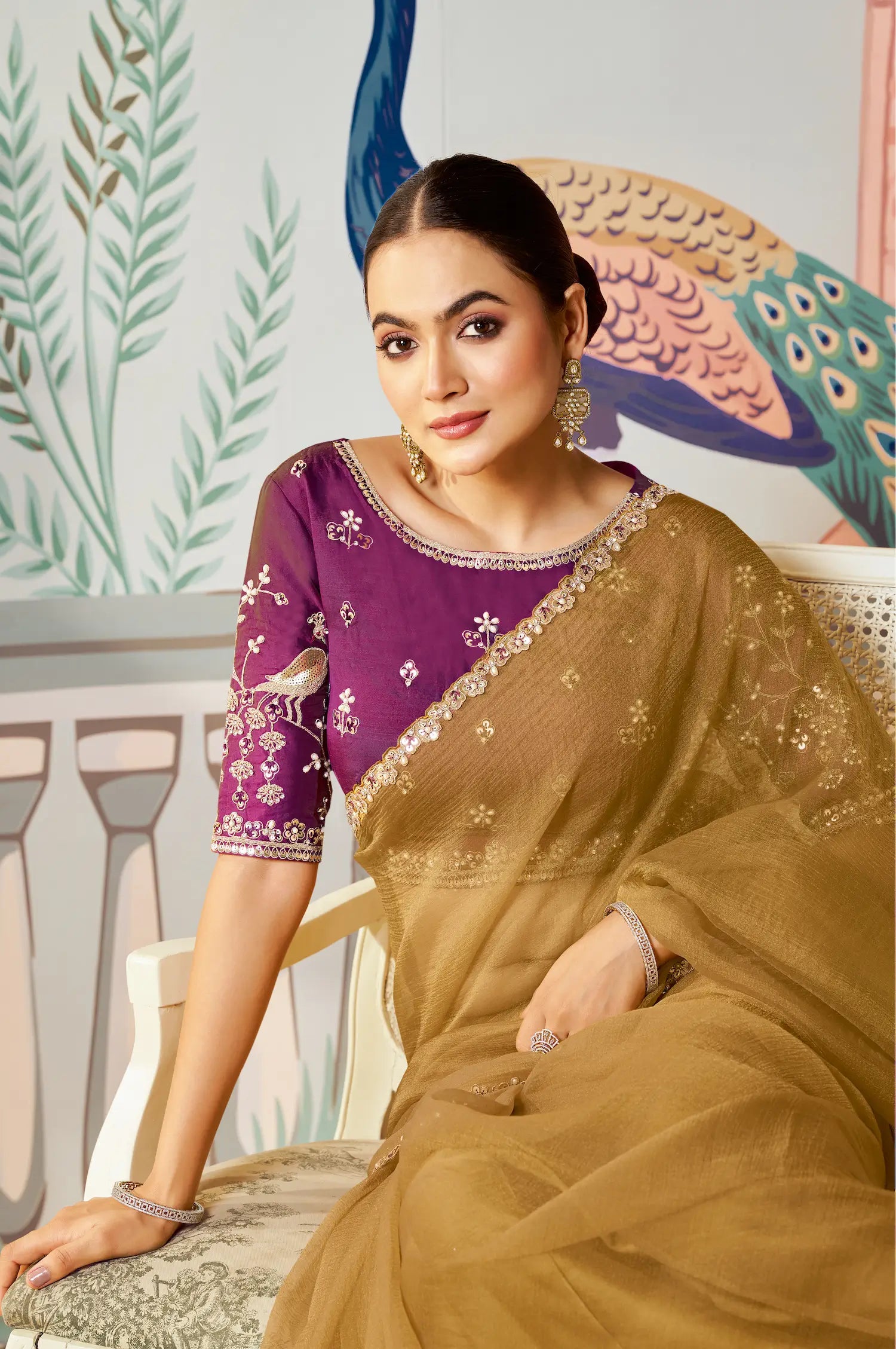 Golden Brown Satin Organza Embroidery Party Wear Saree - qivii