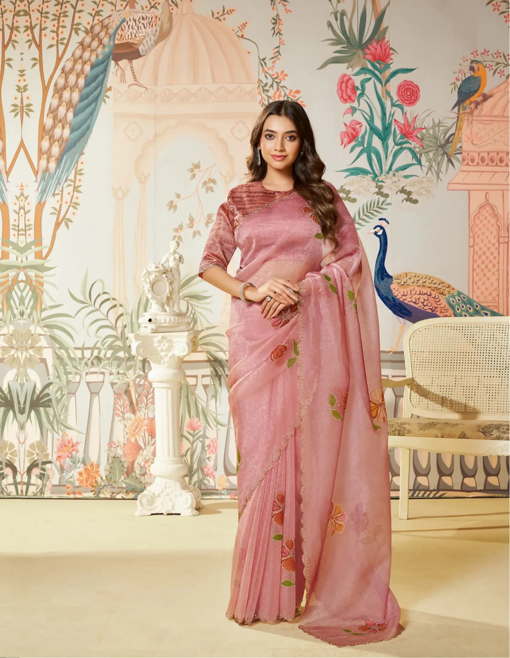 Peach Pink Satin Organza Embroidery Party Wear Saree - qivii