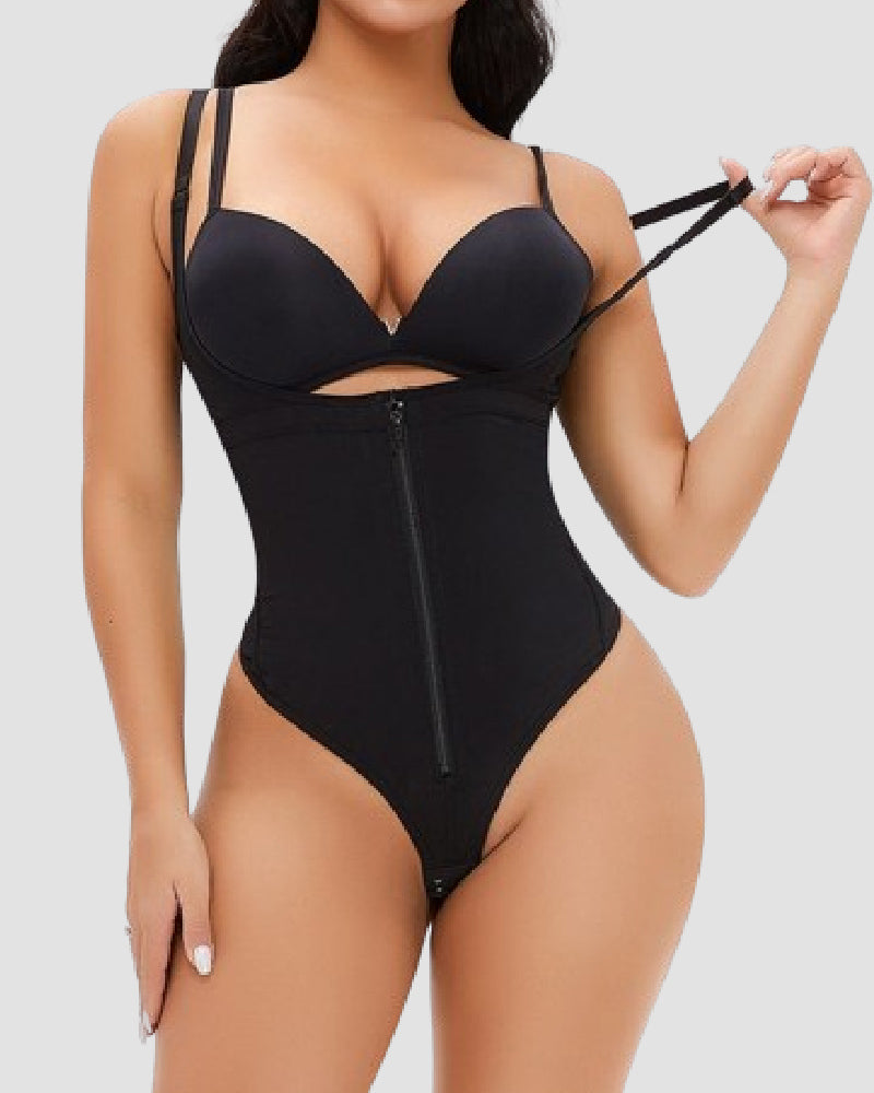 Women's Sexy Tummy Control Open Bust Body Shaper Zipper Plus Size Thong Shapewear - By Qivii