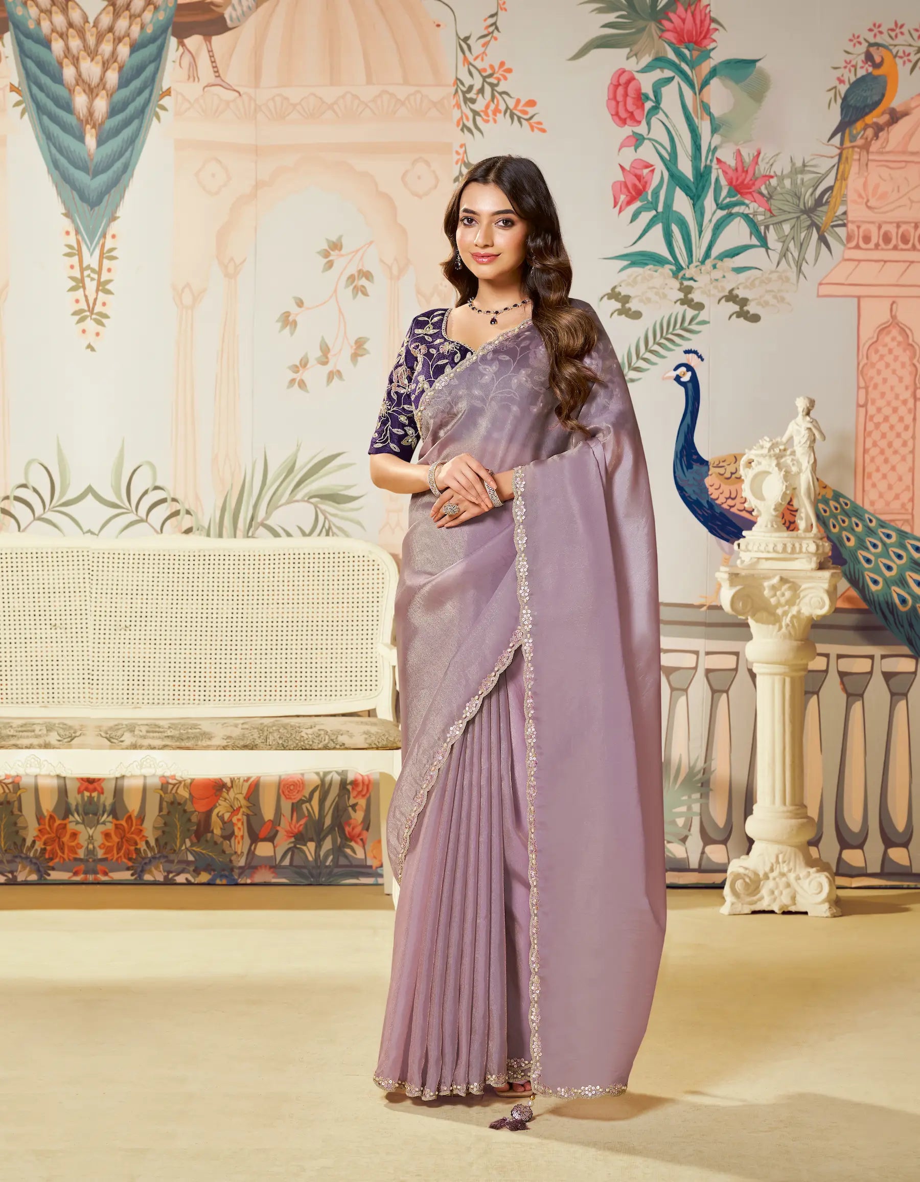 Lavender Zari Organza Embroidery Party Wear Saree - qivii