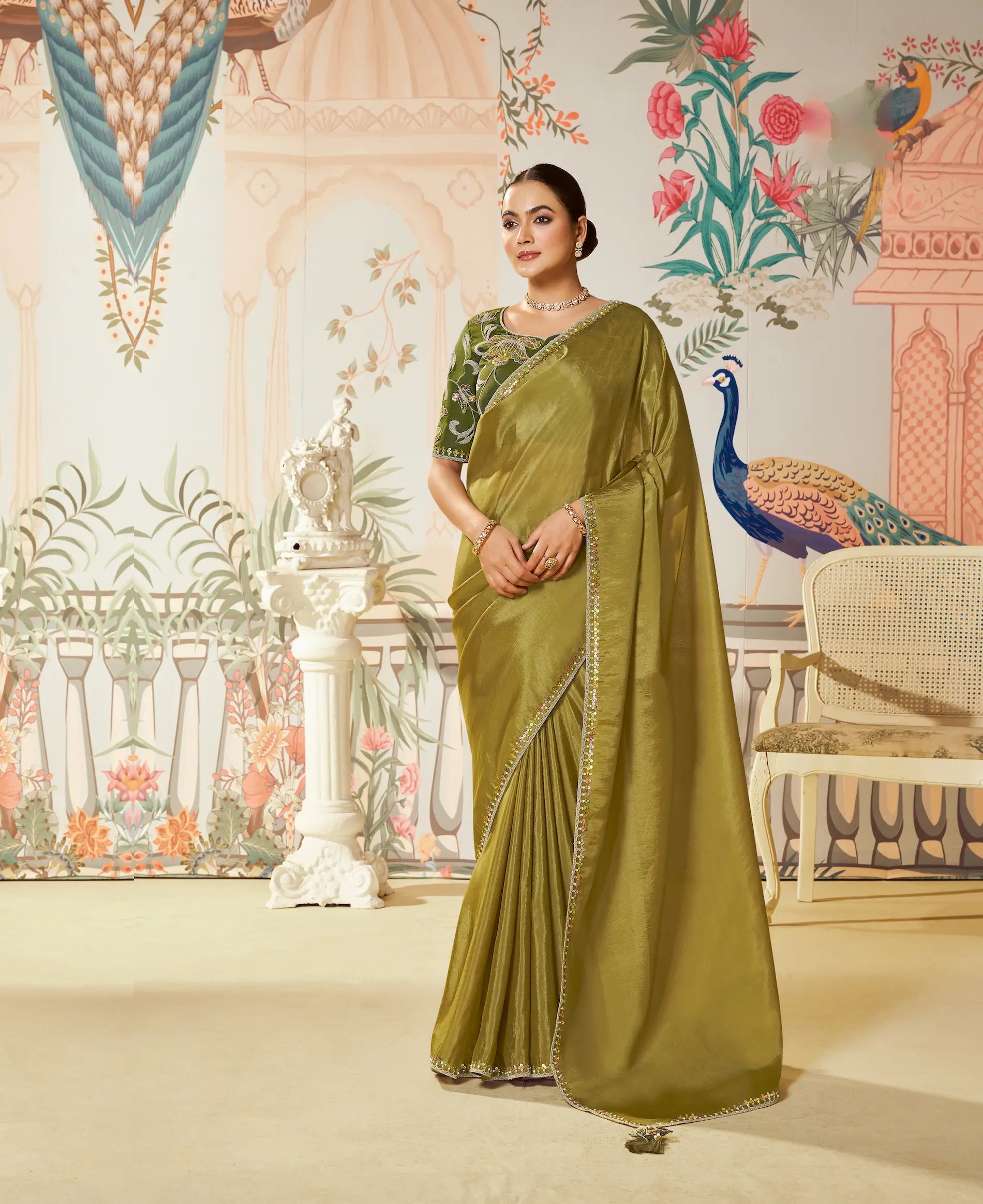 Mustard Satin Silk Embroidery Party Wear Saree