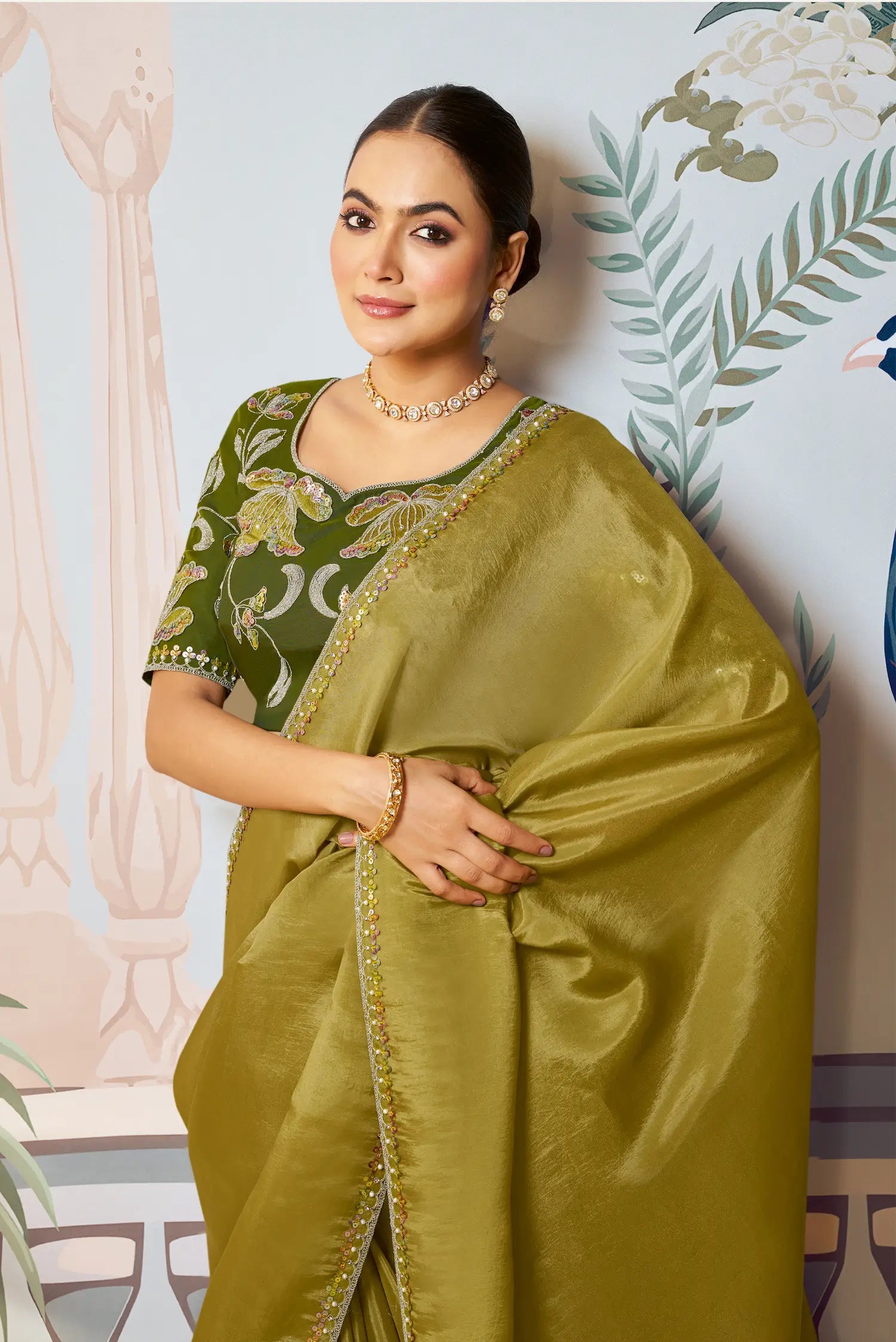 Mustard Satin Silk Embroidery Party Wear Saree - qivii
