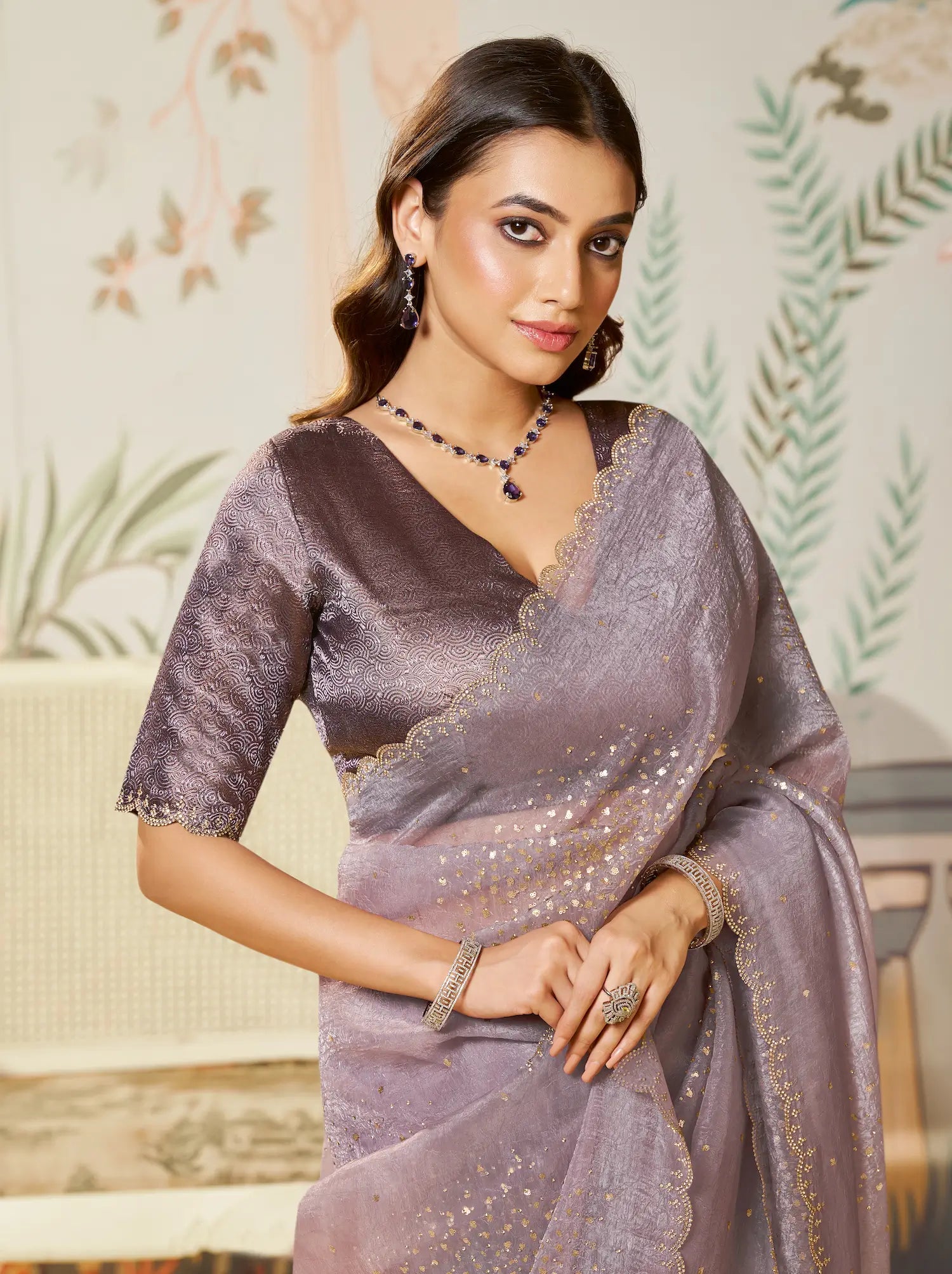 Light Mauve Satin Organza Embroidery Party Wear Saree - qivii