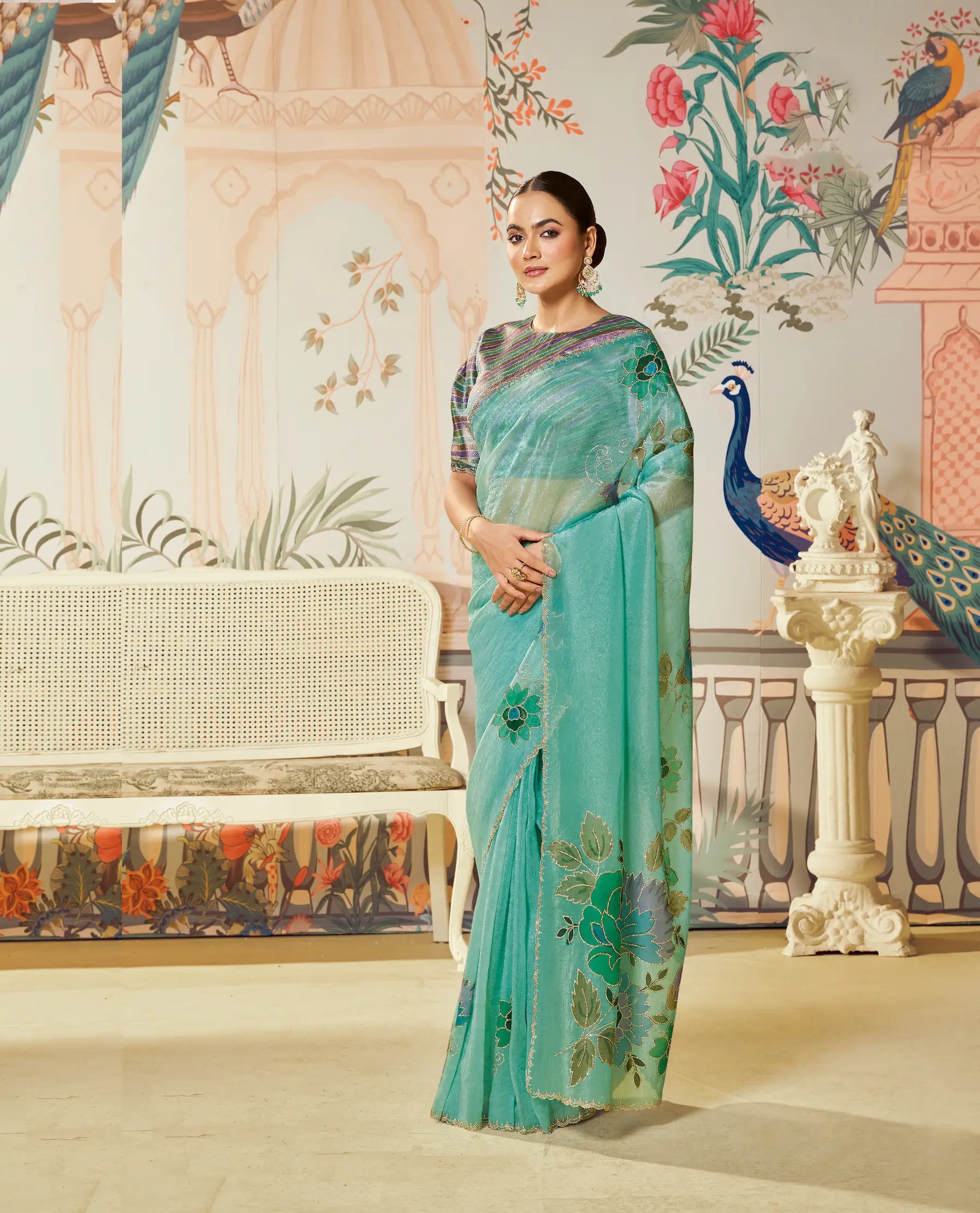 Glaciar Blue Satin Organza Embroidery Party Wear Saree - qivii