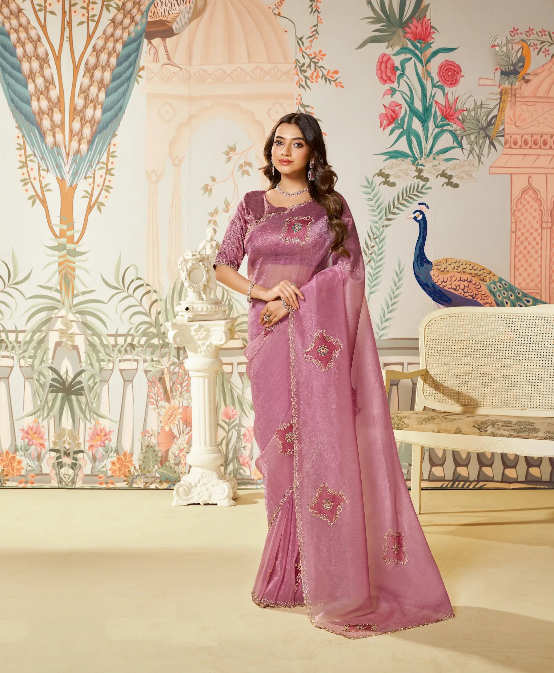 Old Pink Satin Organza Embroidery Party Wear Saree - qivii