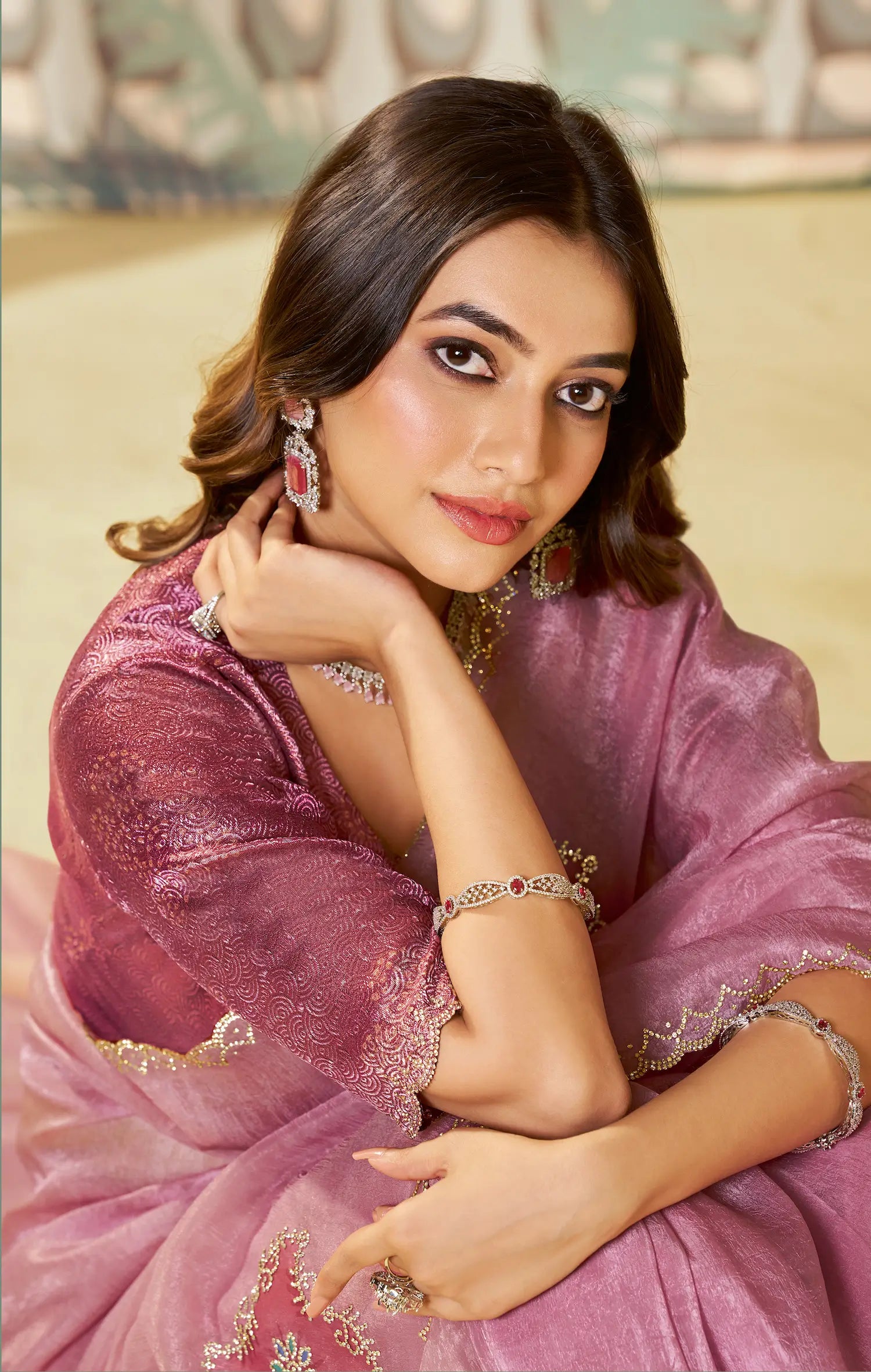 Old Pink Satin Organza Embroidery Party Wear Saree - qivii