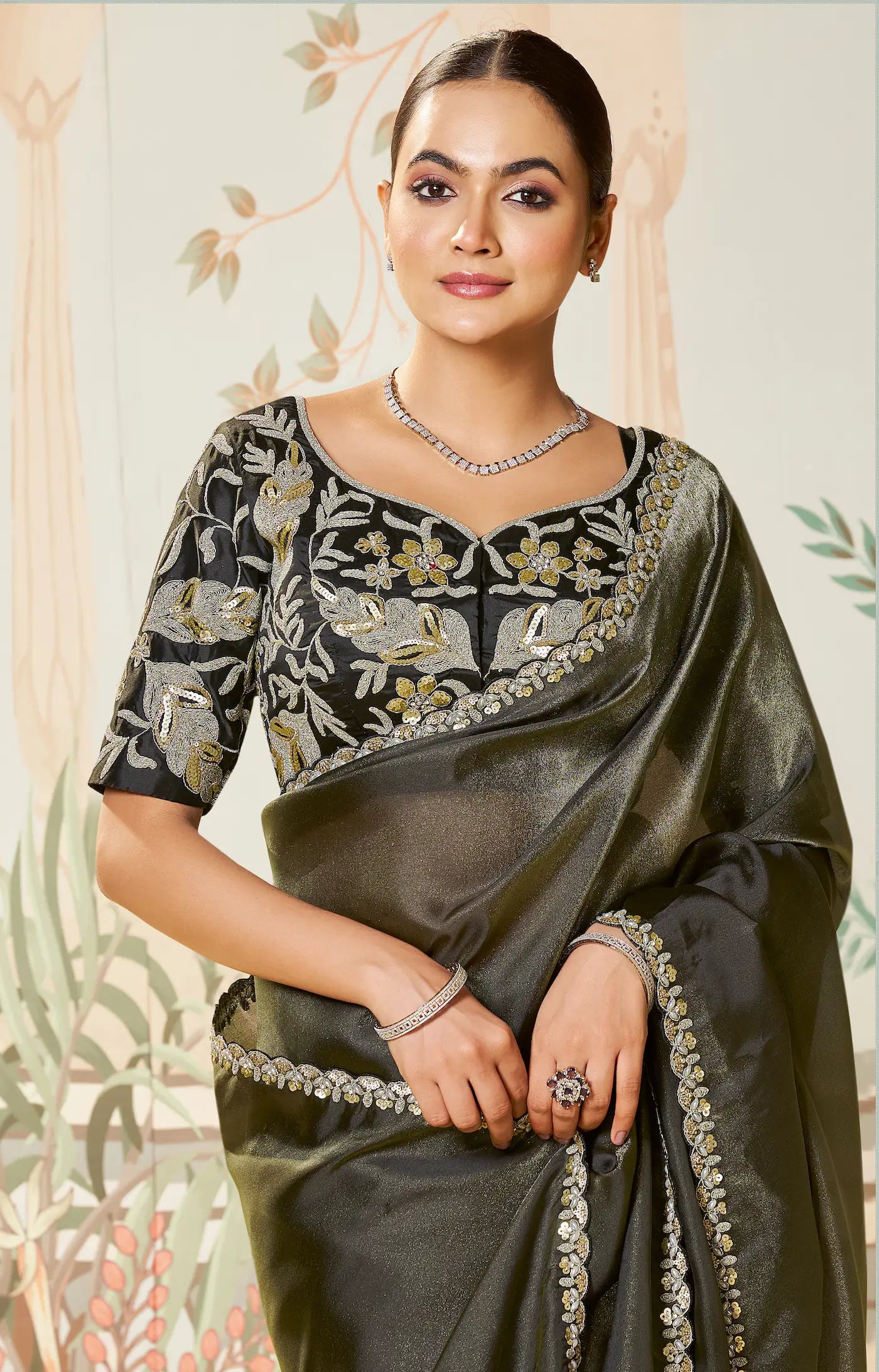 Charcoal Black Zari Organza Embroidery Party Wear Saree - qivii