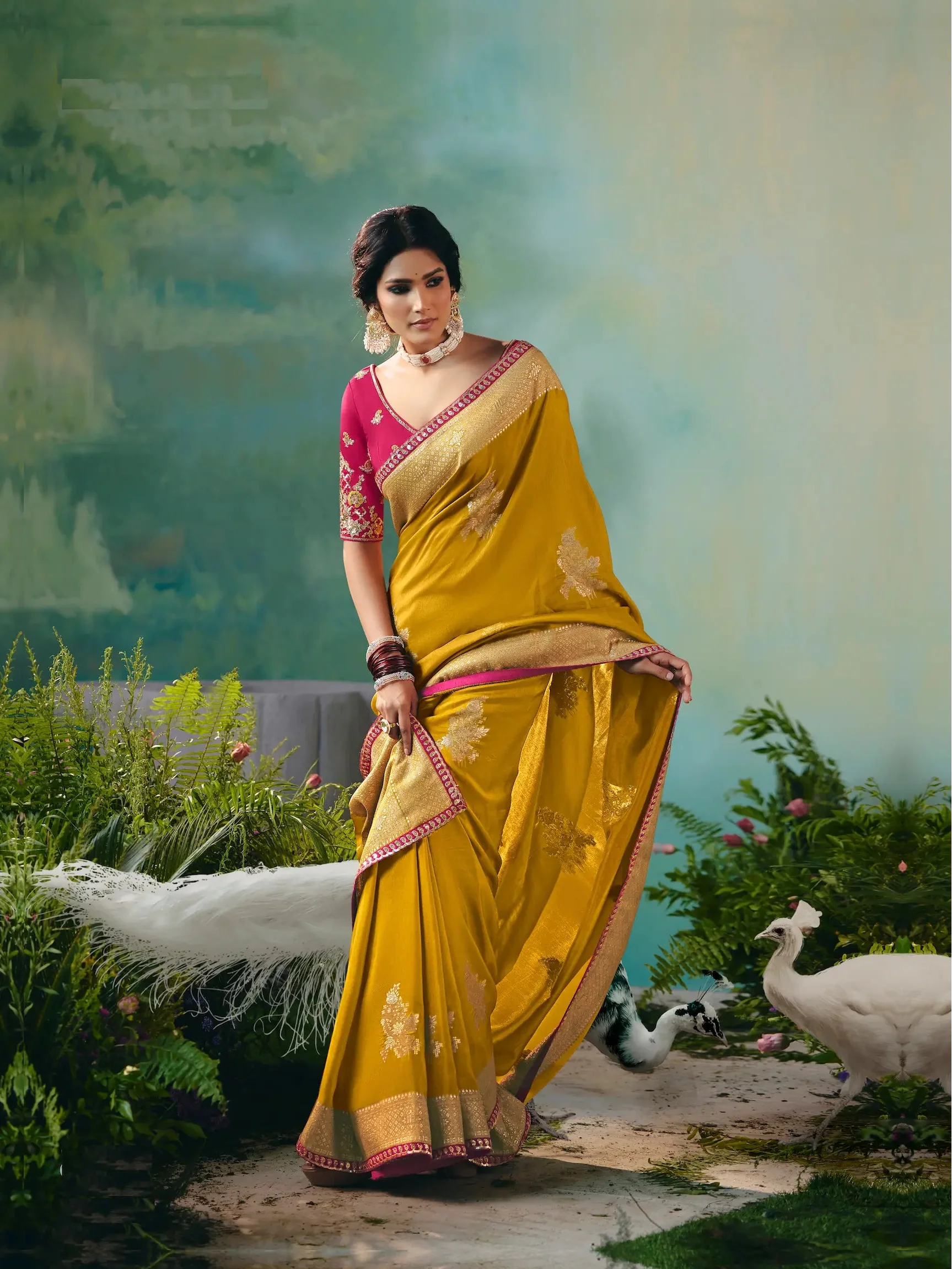 Bee Yellow Dola Silk Saree With Embroidery Work Blouse - qivii