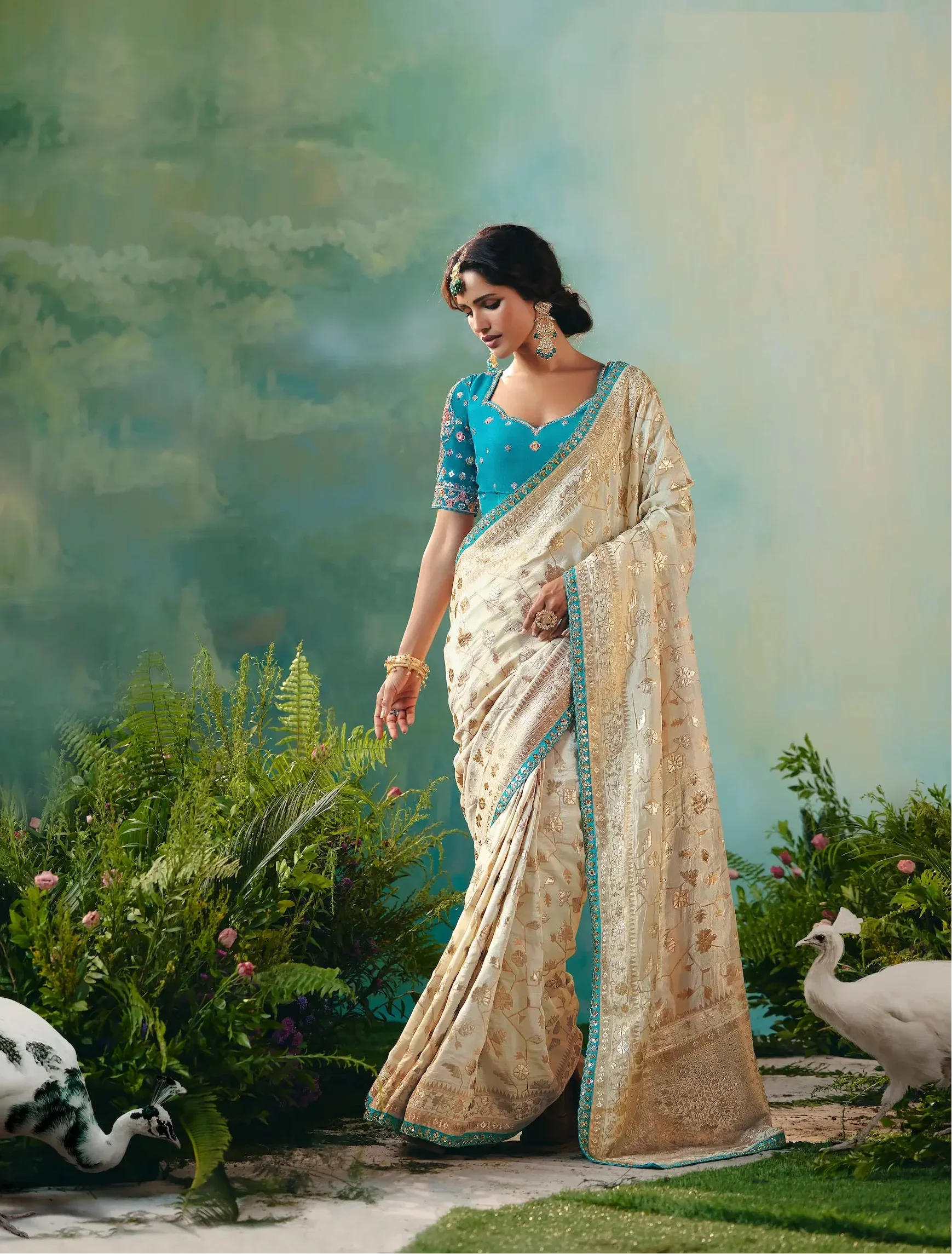 Antique White Dola Silk Saree With Embroidery Work Blouse - qivii