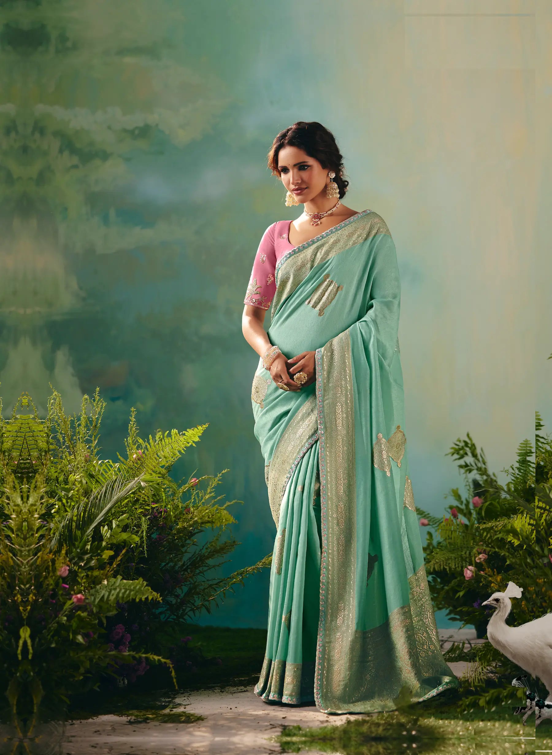 Sea Green Dola Silk Saree With Embroidery Work Blouse - qivii