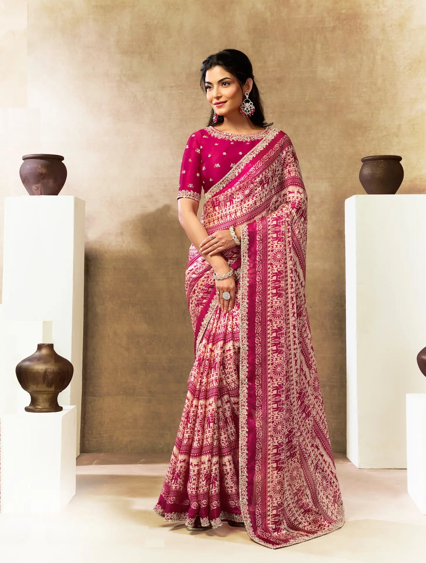 Pink-Beige Warli Print Saree with Border