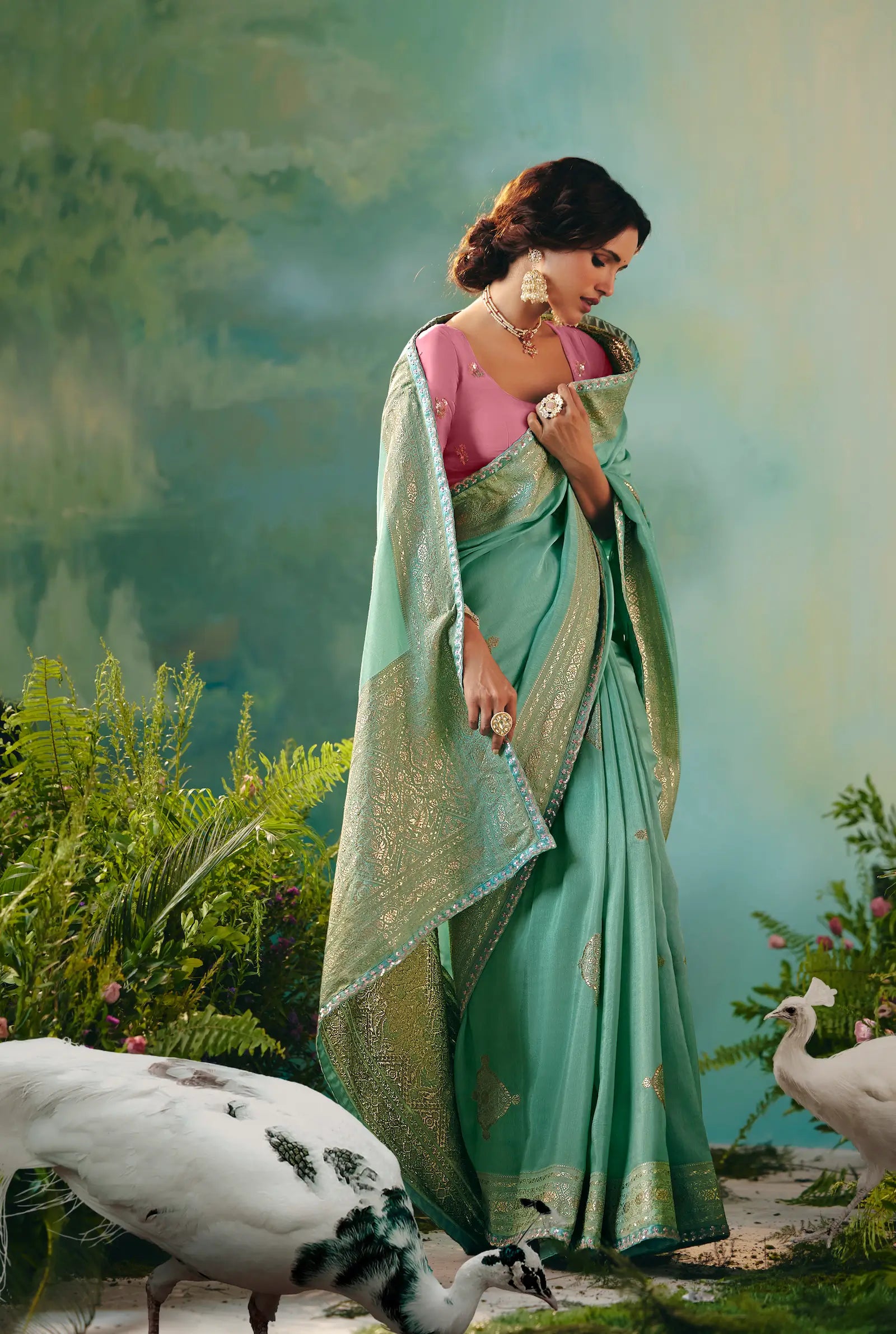 Sea Green Dola Silk Saree With Embroidery Work Blouse - qivii