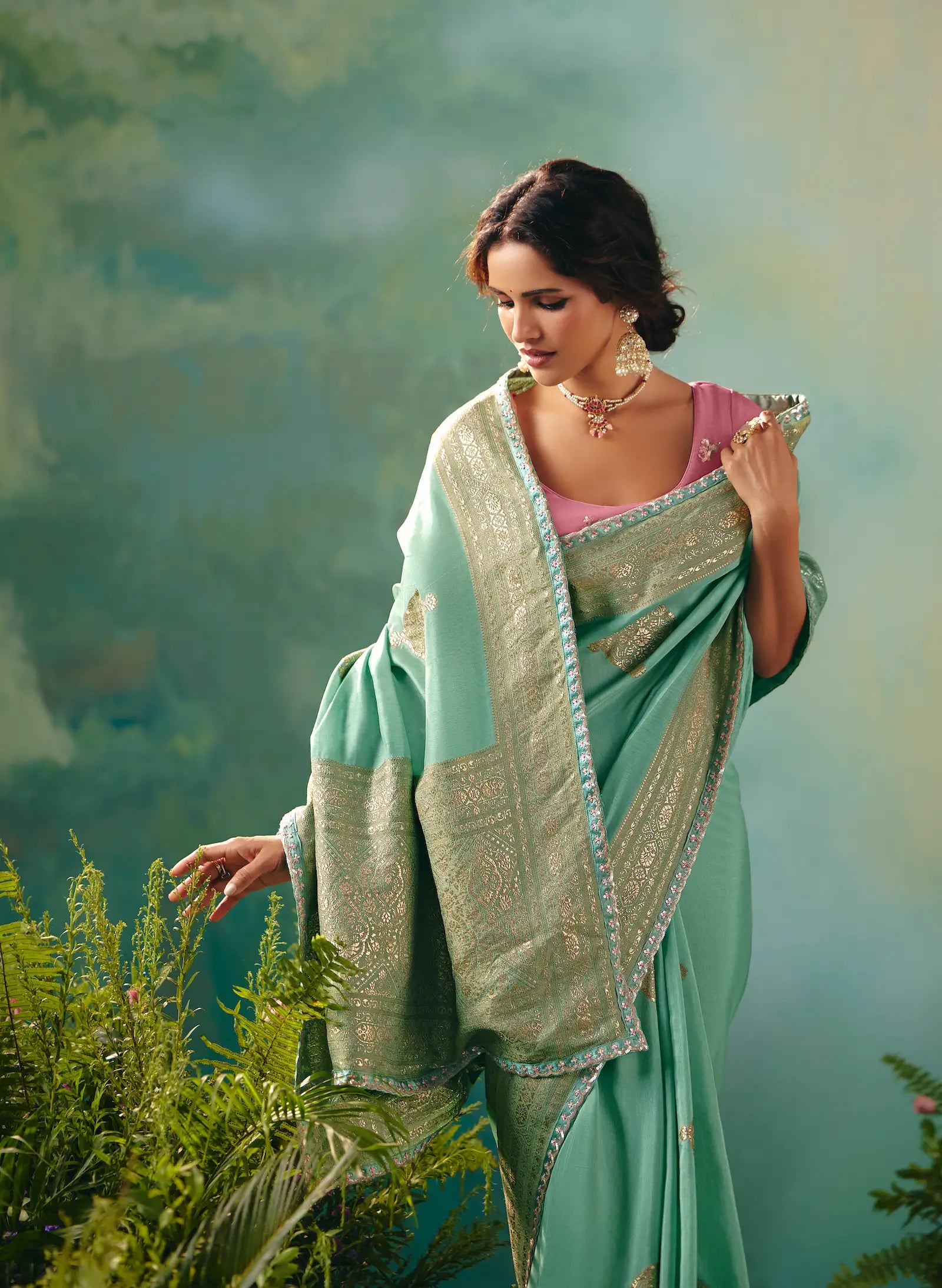 Sea Green Dola Silk Saree With Embroidery Work Blouse - qivii