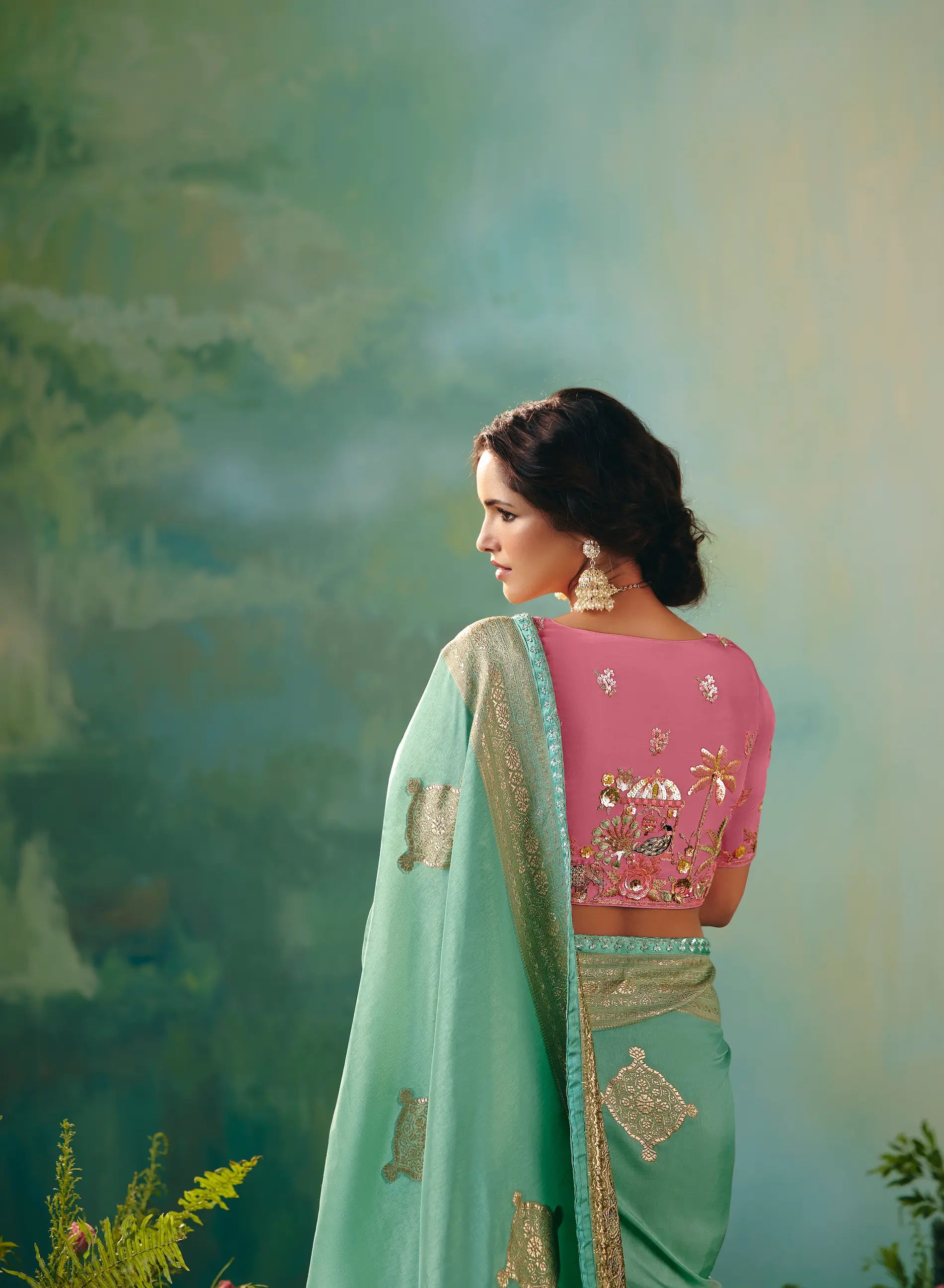 Sea Green Dola Silk Saree With Embroidery Work Blouse - qivii