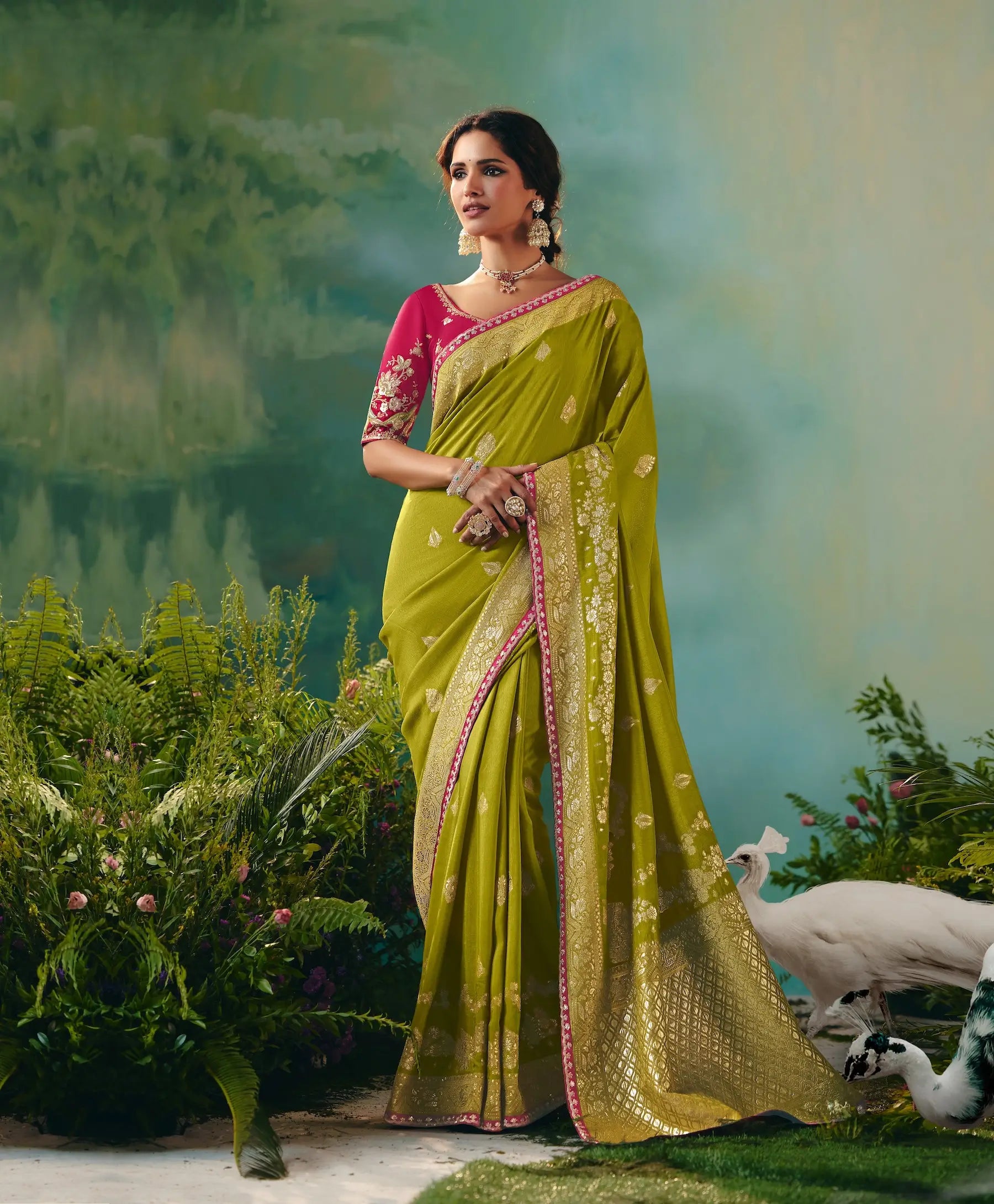 Olive Green Dola Silk Saree With Embroidery Work Blouse - qivii