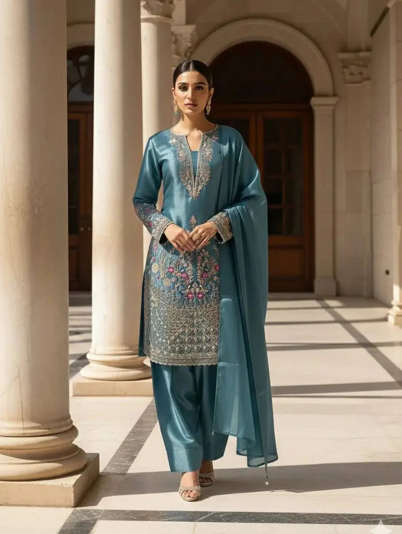 Teal Blue Jimmy Choo embroidery Salwar Suit