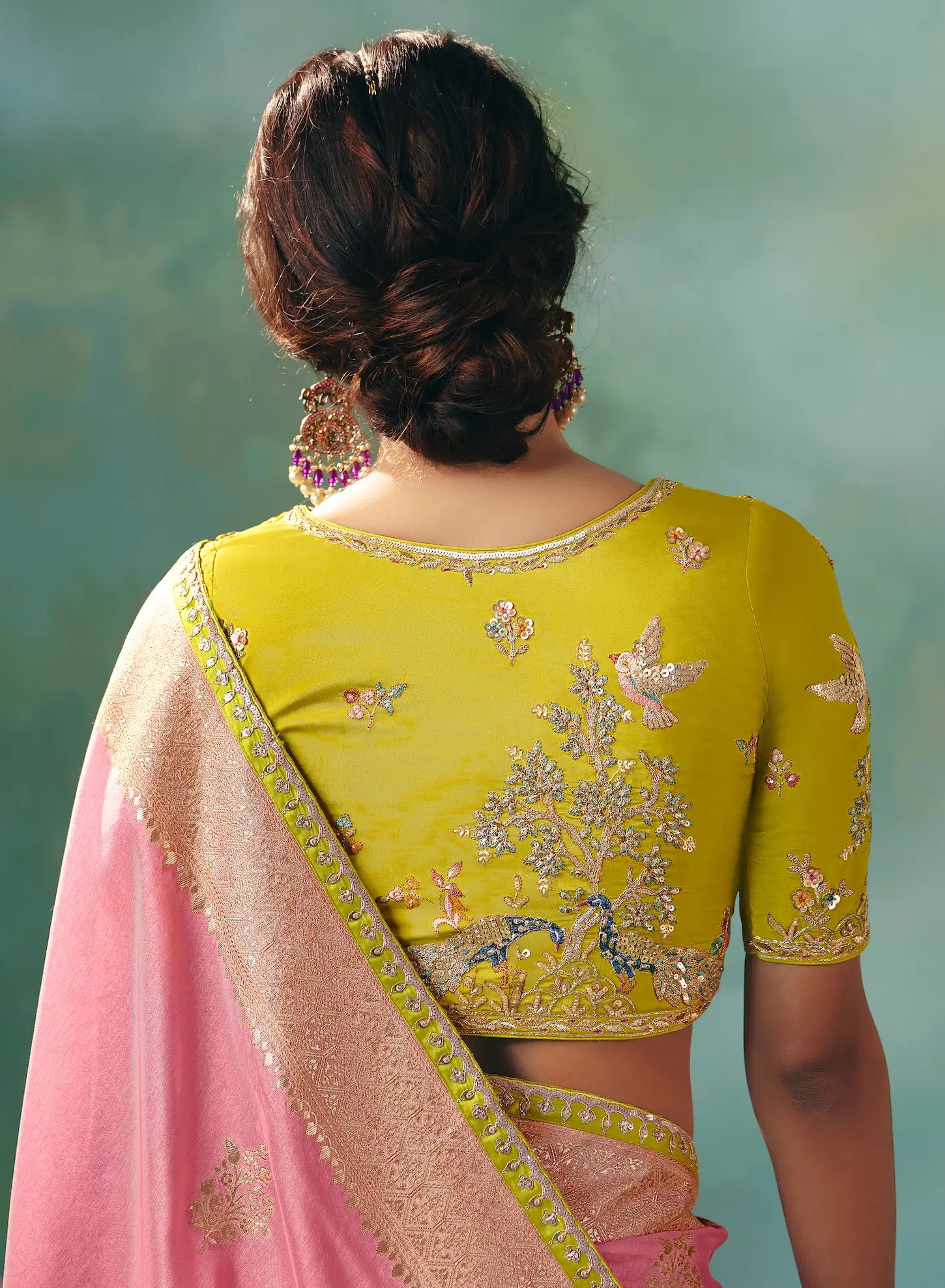 Salmon Pink Dola Silk Saree With Embroidery Work Blouse - qivii