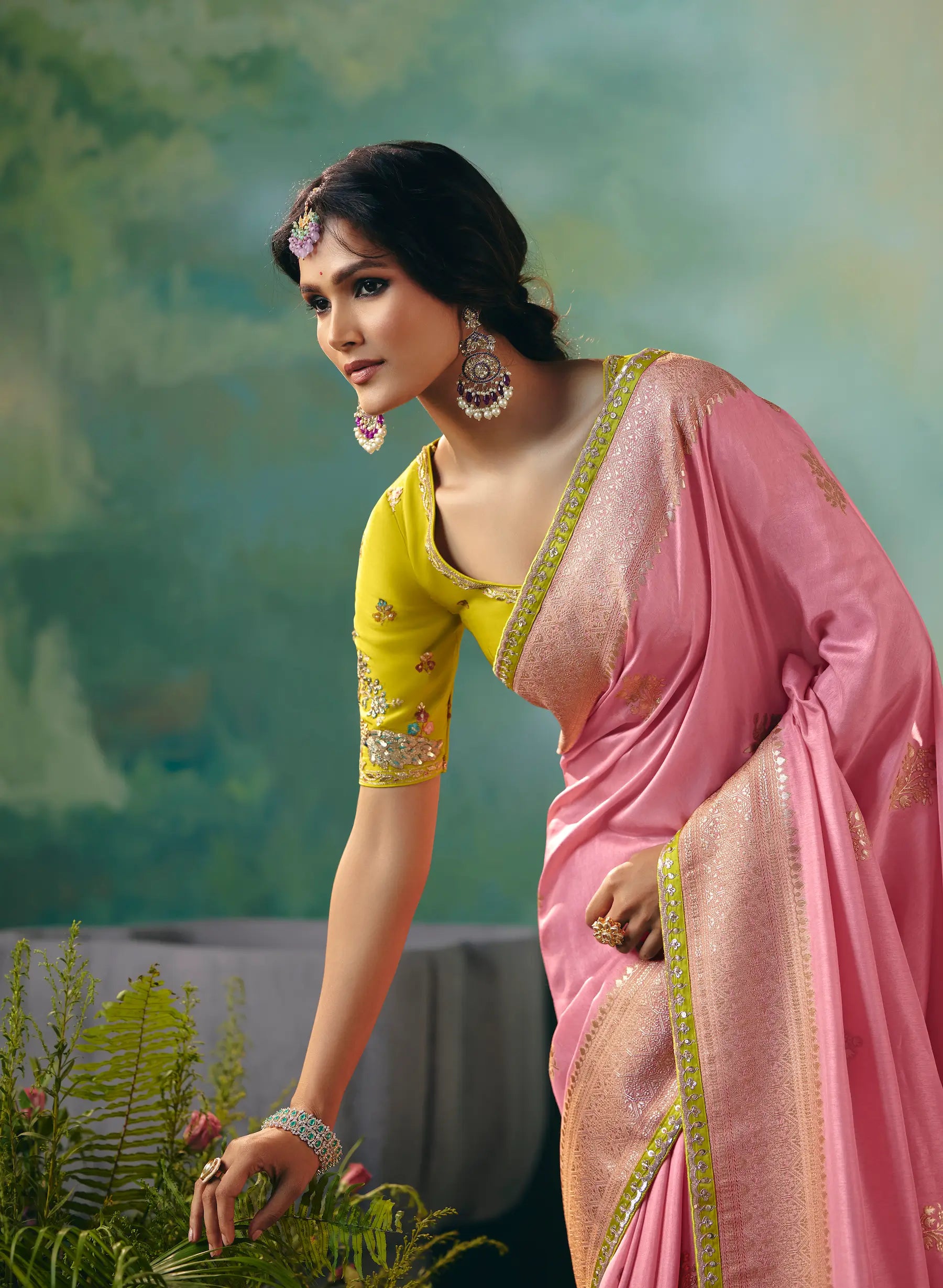 Salmon Pink Dola Silk Saree With Embroidery Work Blouse - qivii