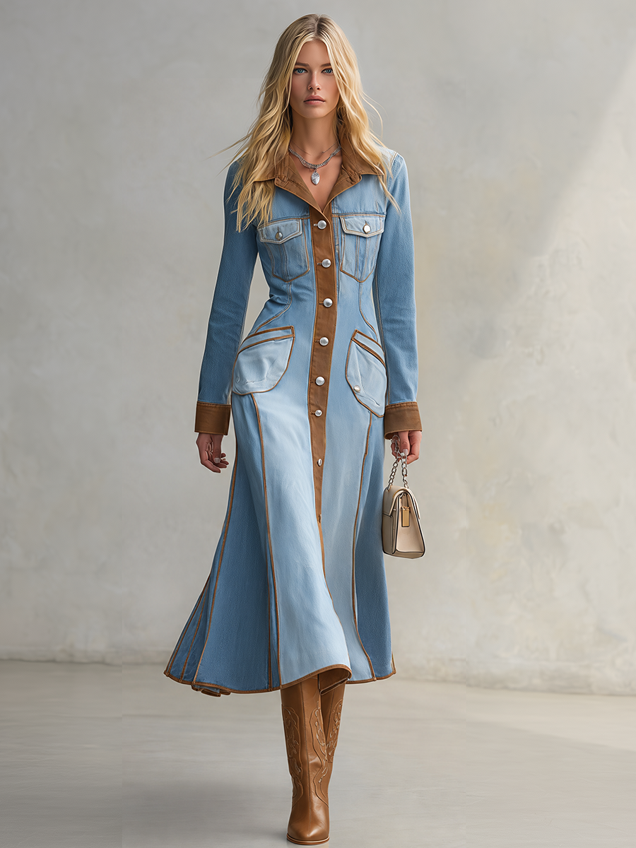 Western Chic Two Tone Contrast Trim Button Front Denim Maxi Dress - By Qivii